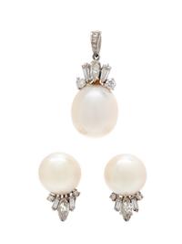 WHITE GOLD, CULTURED PEARL AND DIAMOND SET