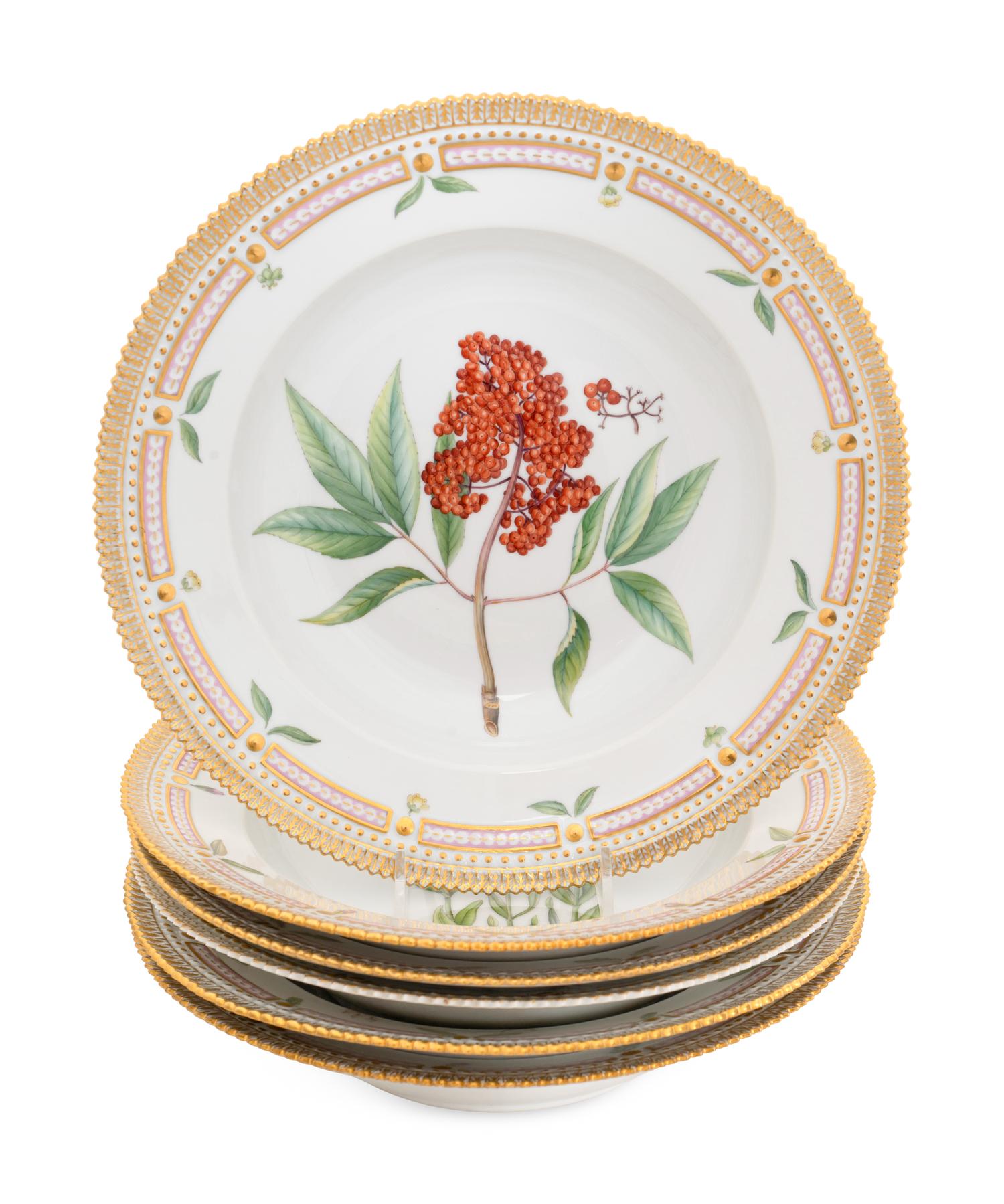 An Assembled Set of Six Royal Copenhagen Flora Danica Large-Rim Soup Bowls