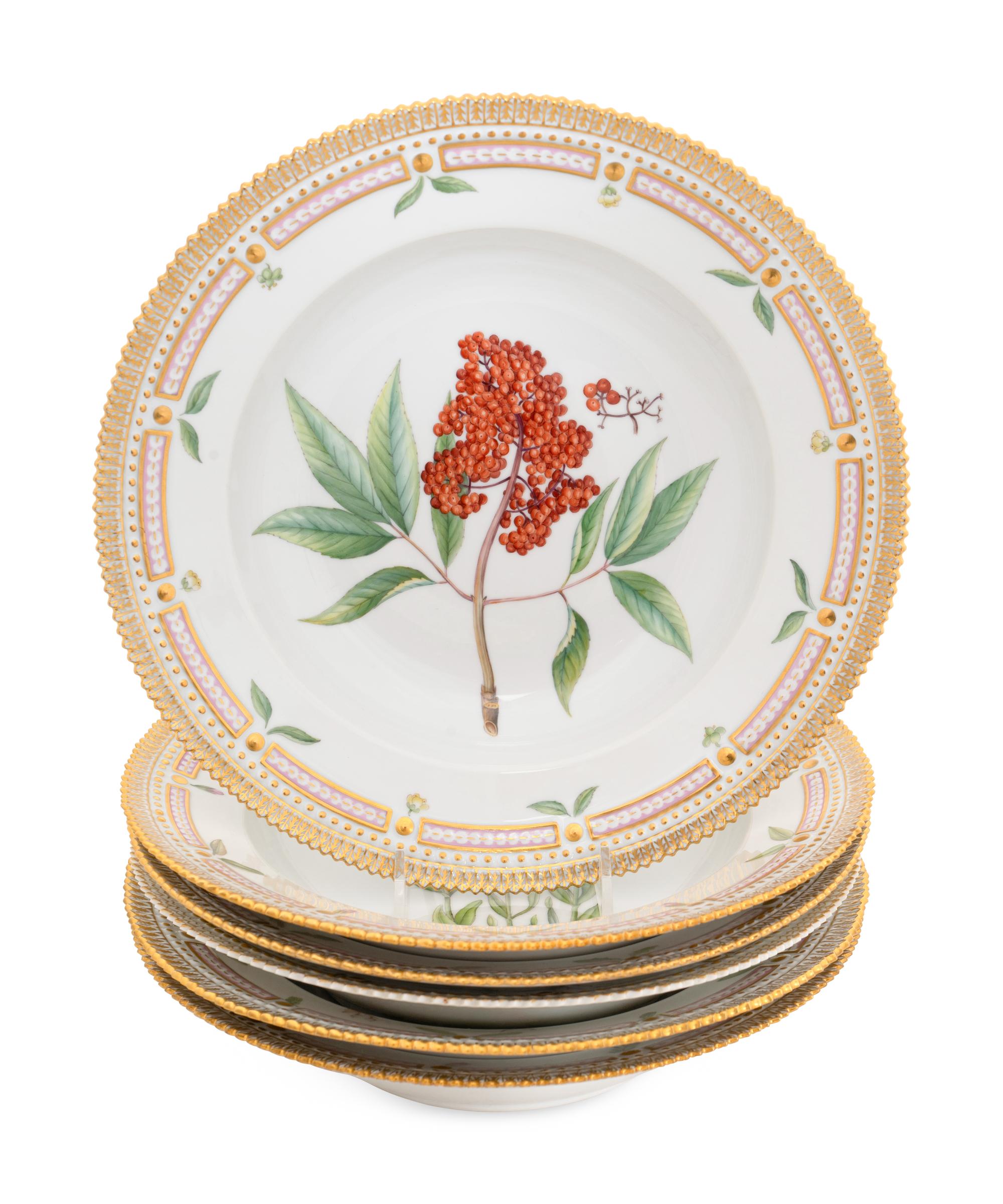 An Assembled Set of Six Royal Copenhagen Flora Danica Large-Rim Soup Bowls
