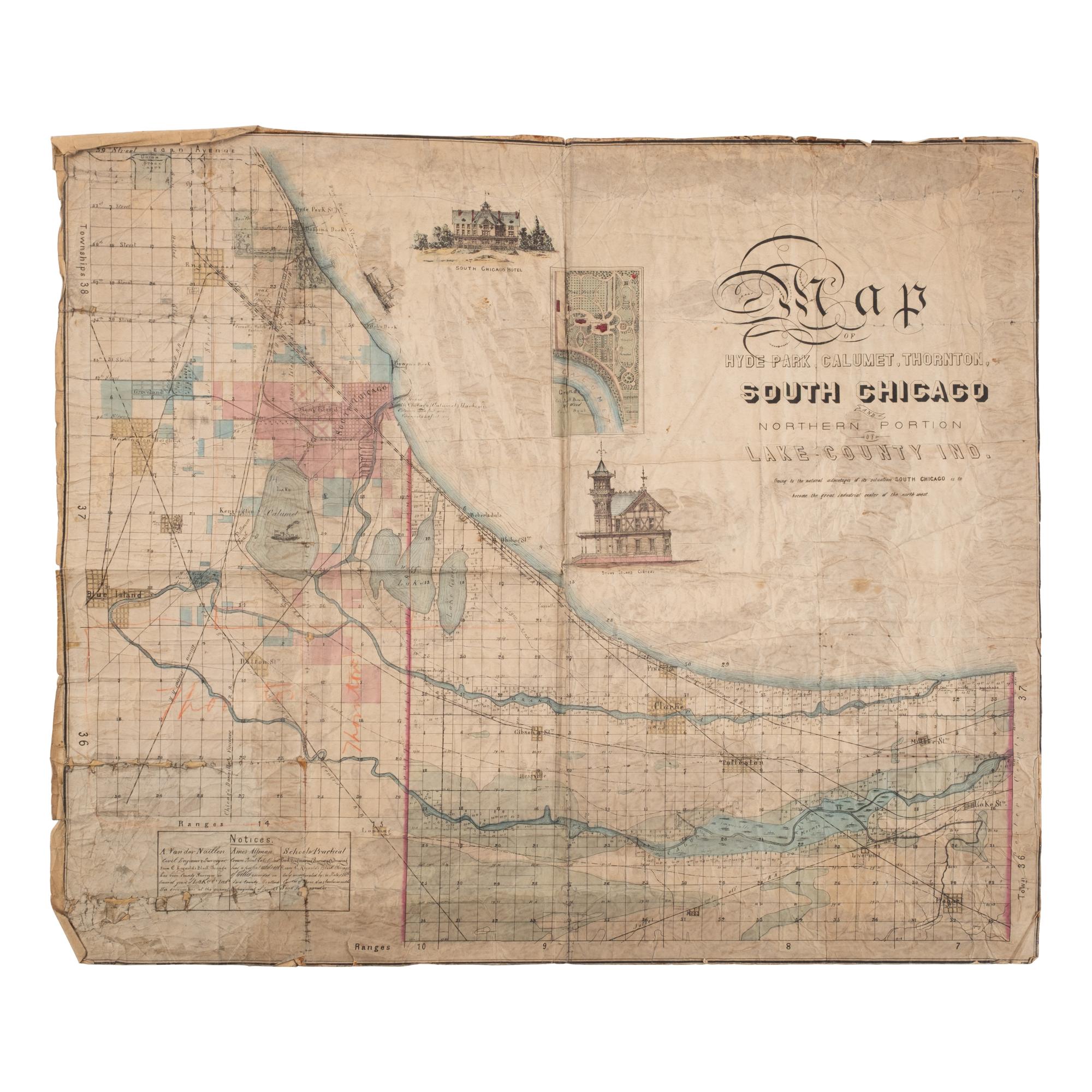 [Chicago]. Map of Hyde Park, Calumet, Thornton, South Chicago and Northern Part of Lake County Ind . N.p., n.p., n.d. [1871].