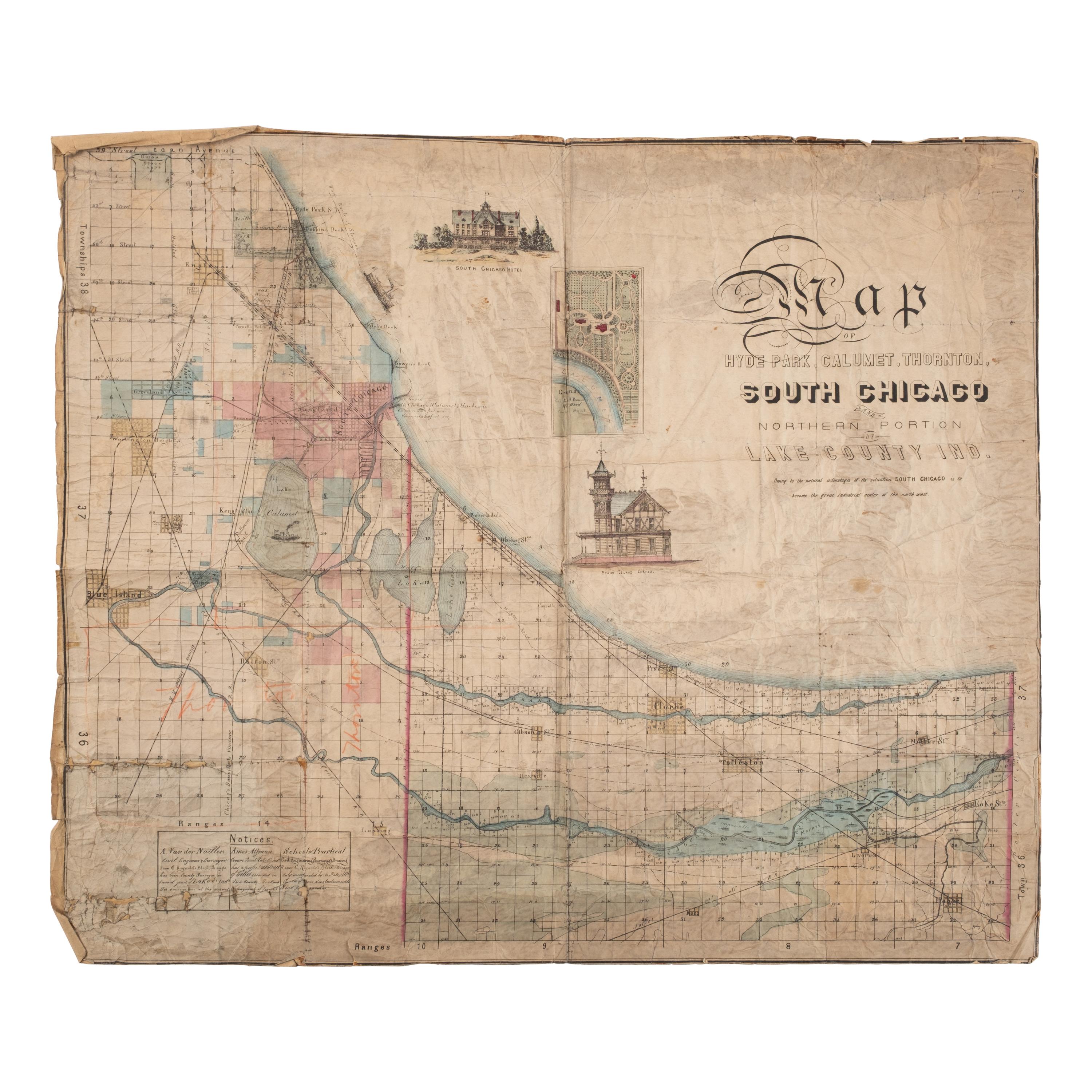 [Chicago]. Map of Hyde Park, Calumet, Thornton, South Chicago and Northern Part of Lake County Ind . N.p., n.p., n.d. [1871].