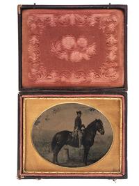 [CIVIL WAR]. Quarter plate tintype of a Federal cavalry soldier on horseback.