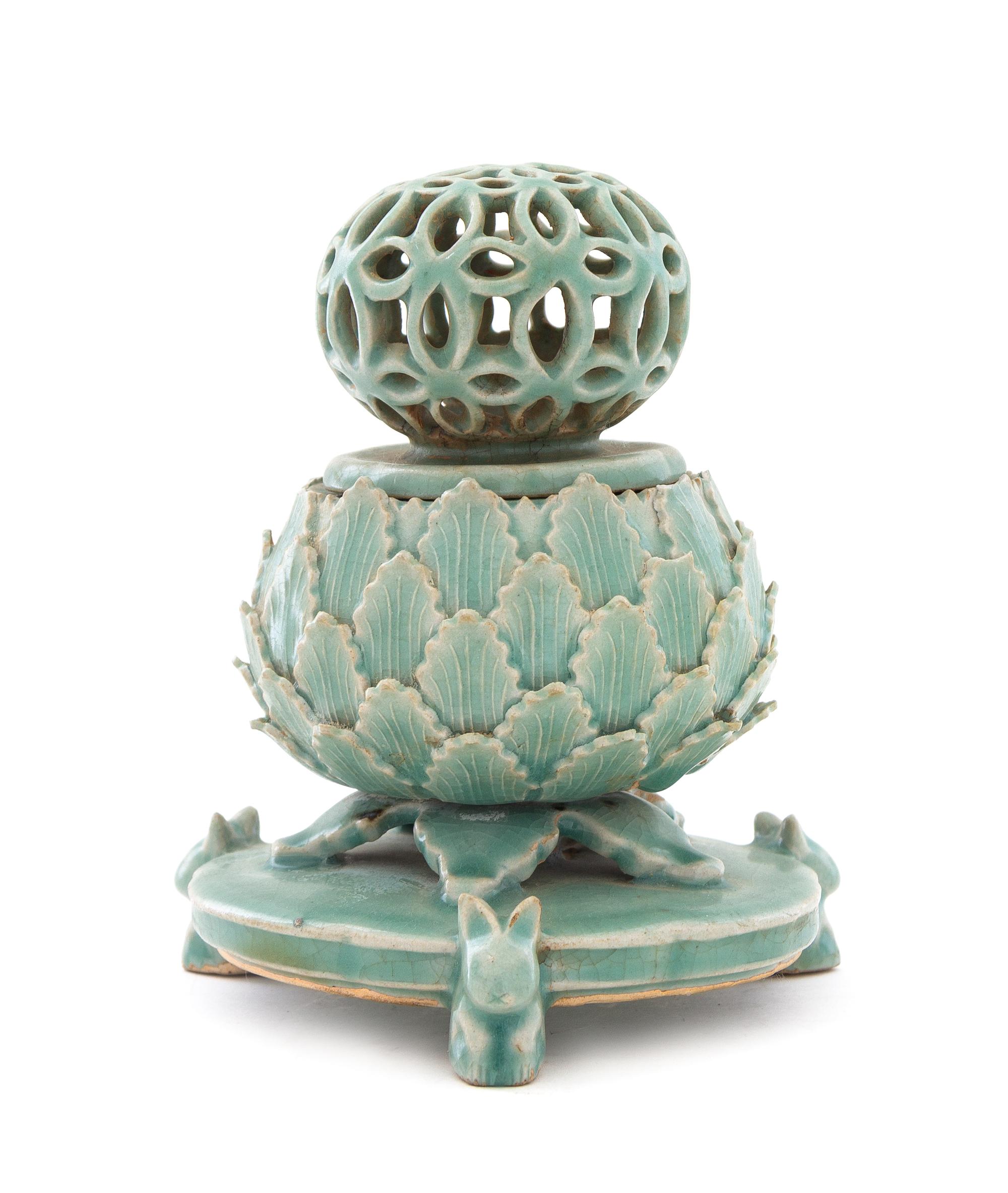 A Korean Celadon Porcelain Incense Burner Height 7 1/4 inches. — 12TH CENTURY