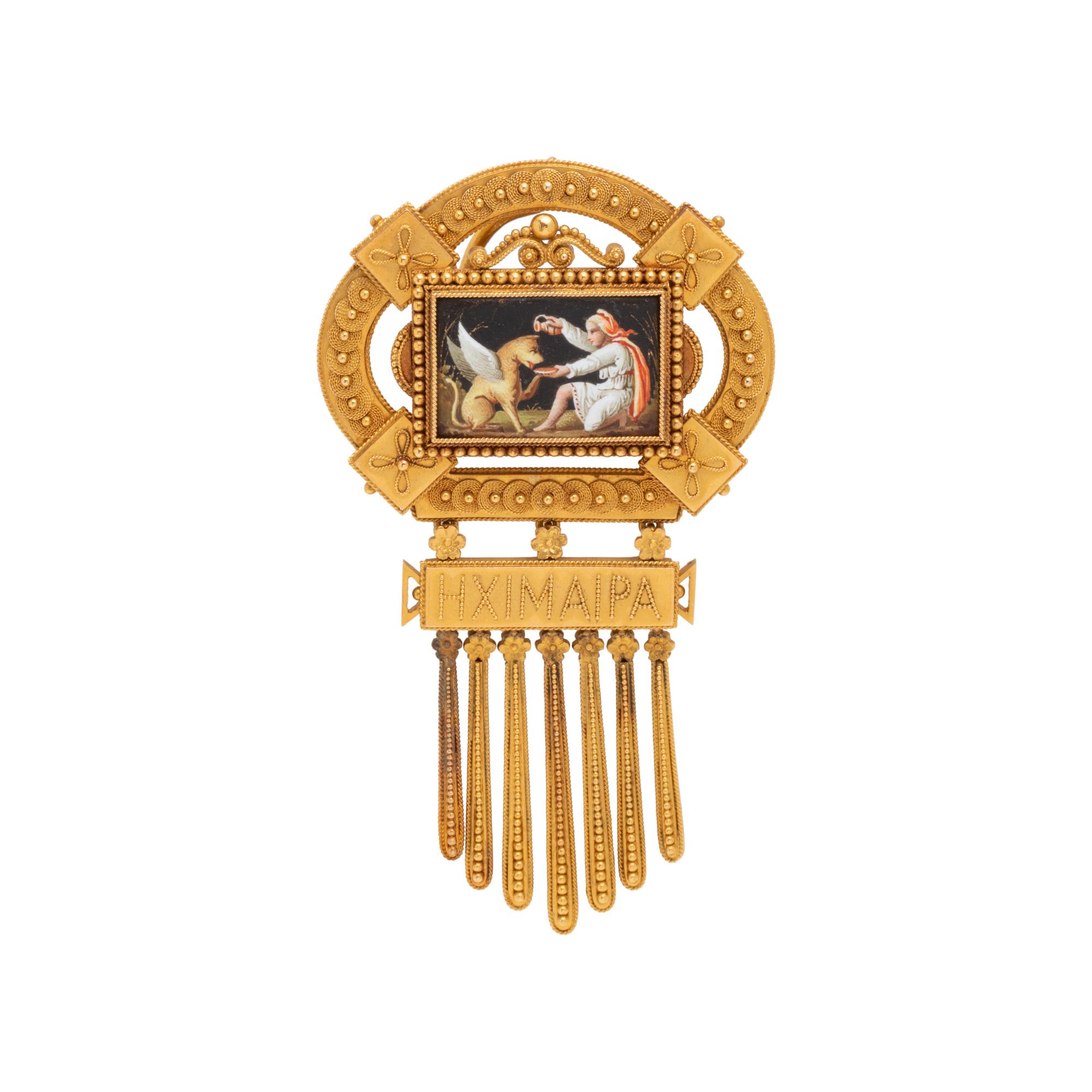 FRENCH, ARCHAEOLOGICAL REVIVAL, YELLOW GOLD AND PORTRAIT MINIATURE SET