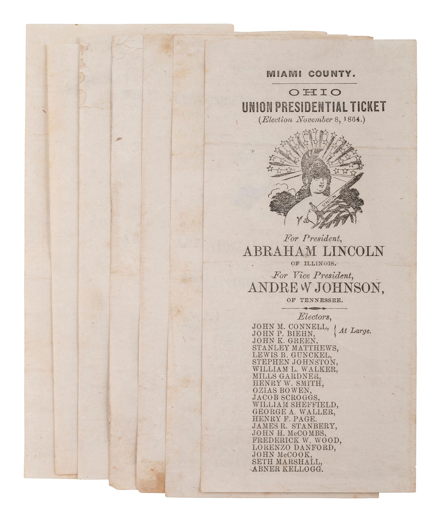 [POLITICS] -- [CIVIL WAR]. Ohio ballots from the 1864 election, including Lincoln and Johnson.