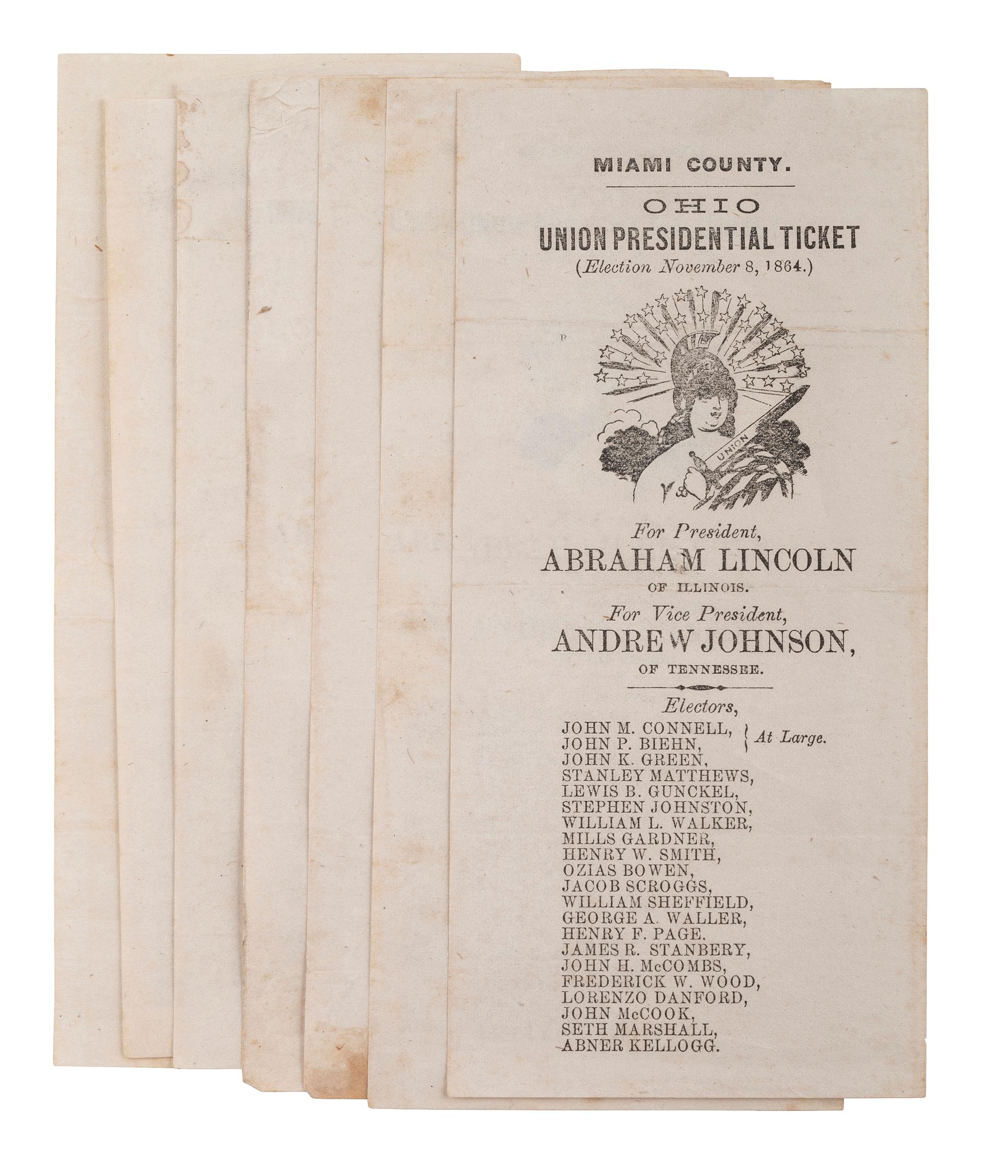 [POLITICS] -- [CIVIL WAR]. Ohio ballots from the 1864 election, including Lincoln and Johnson.