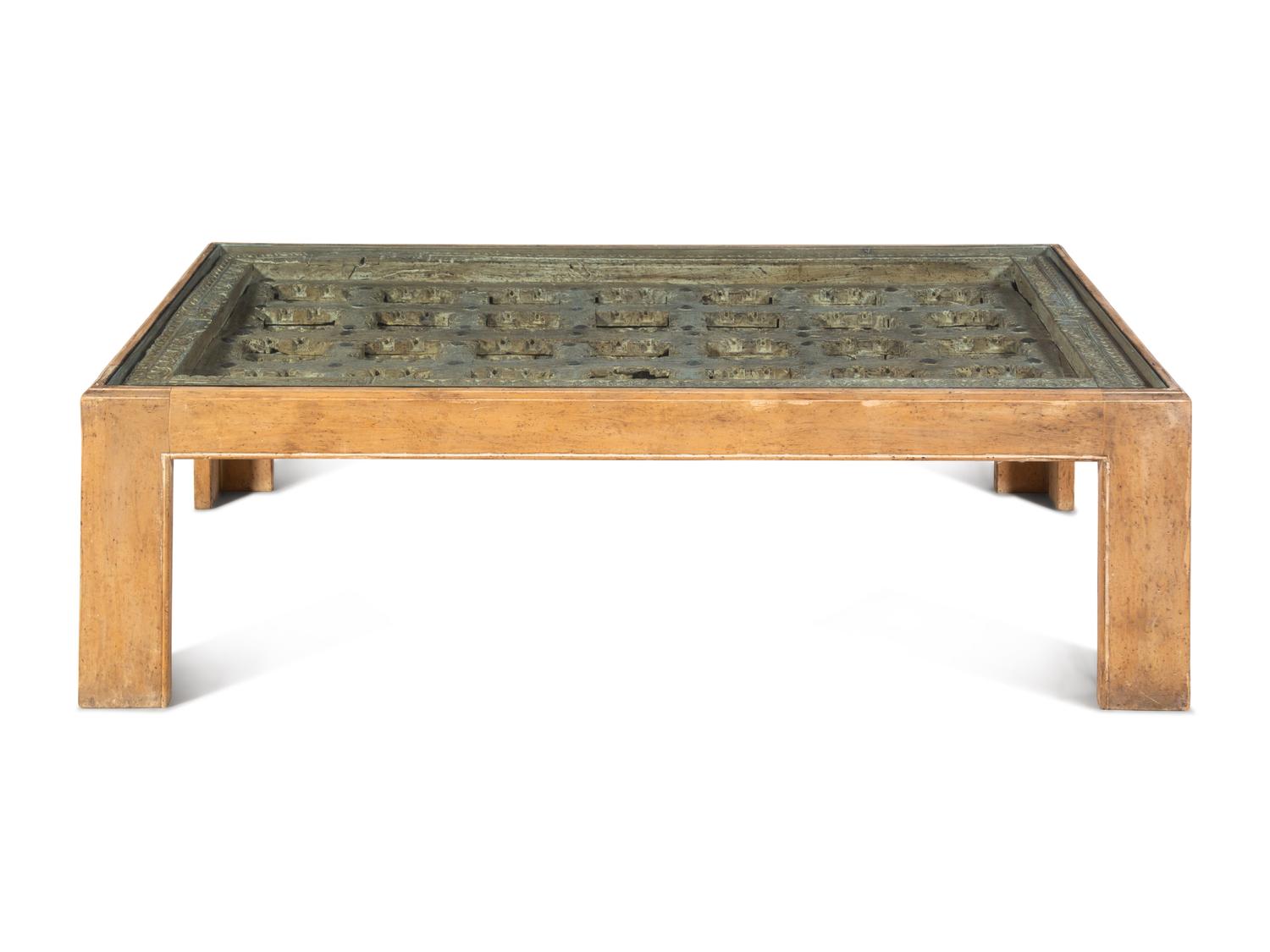 An Indian Iron Mounted Wood Door Converted to a Low Table