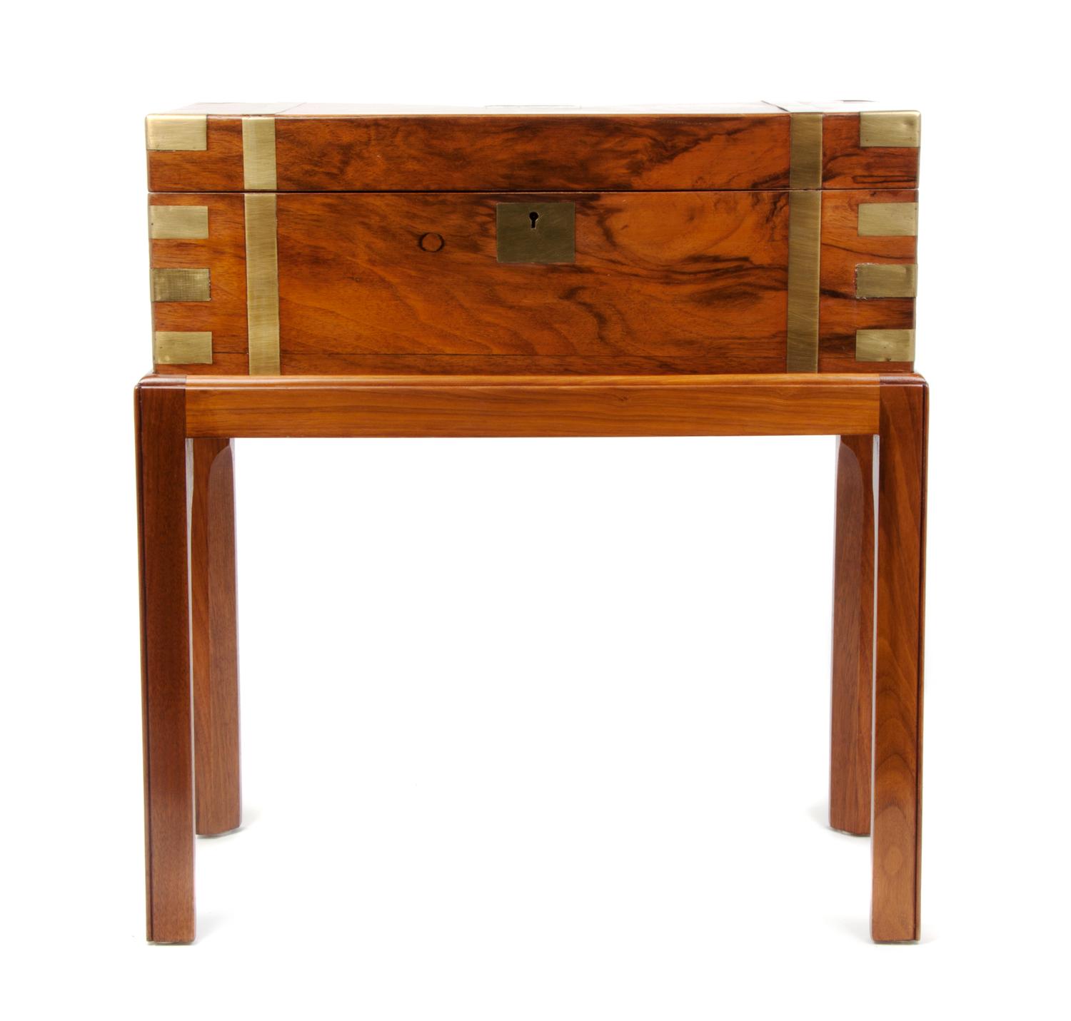 A Brass Bound Lap Desk on Stand, Height overall 22 x width 20 x depth 10 inches.