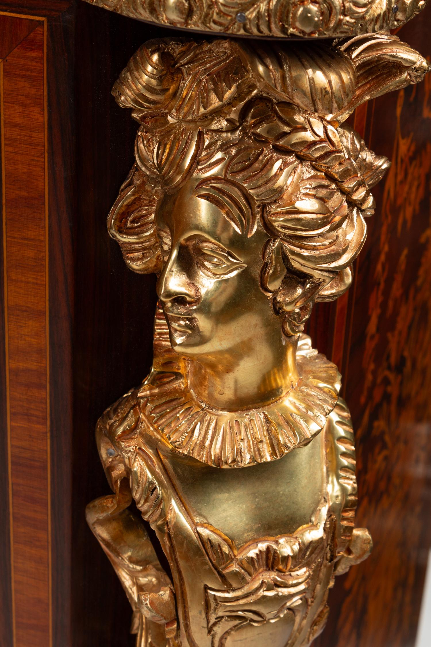 A Pair of Louis XVI Style Gilt Bronze Mounted Marquetry Marble-Top Cabinets