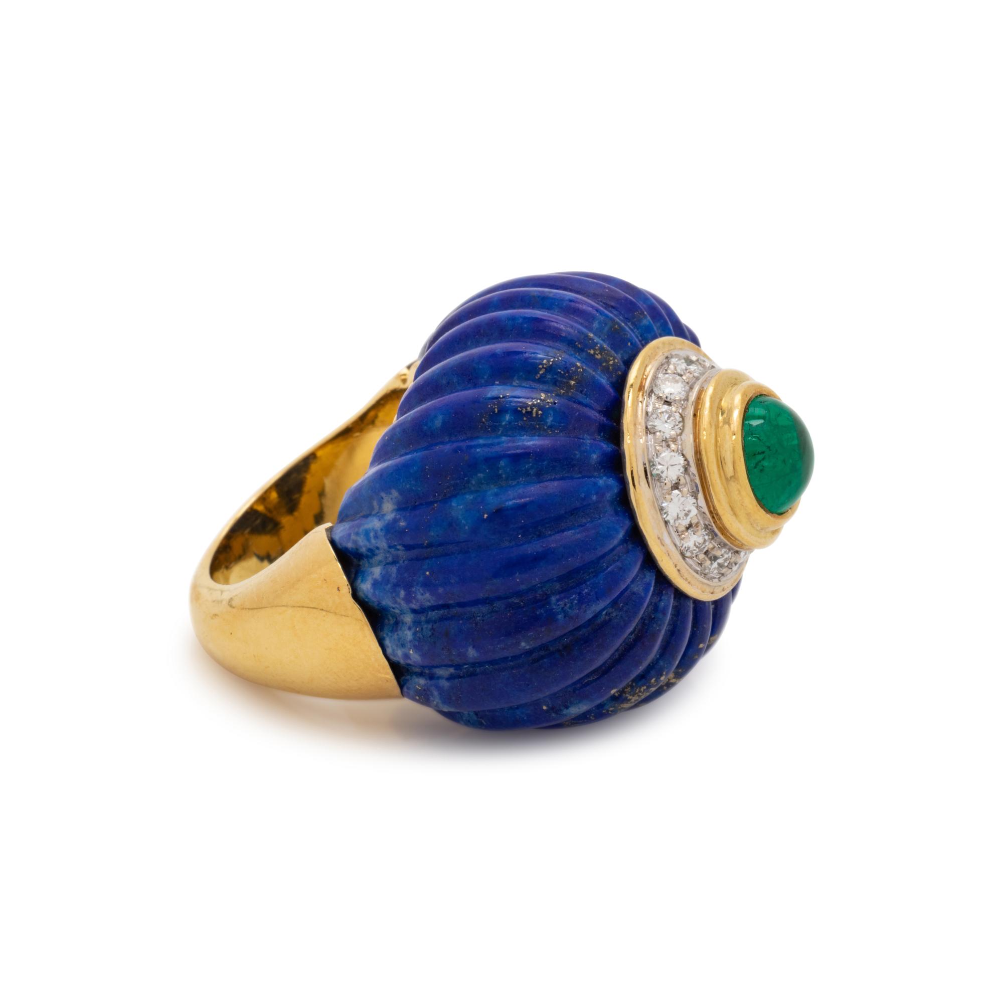 LAPIS LAZULI, SYNTHETIC EMERALD AND DIAMOND RING
