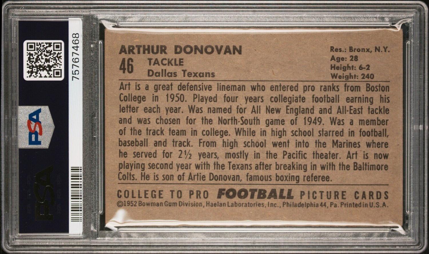 A Group of Nine 1952 Bowman Large Hall of Fame PSA Graded Football Cards,