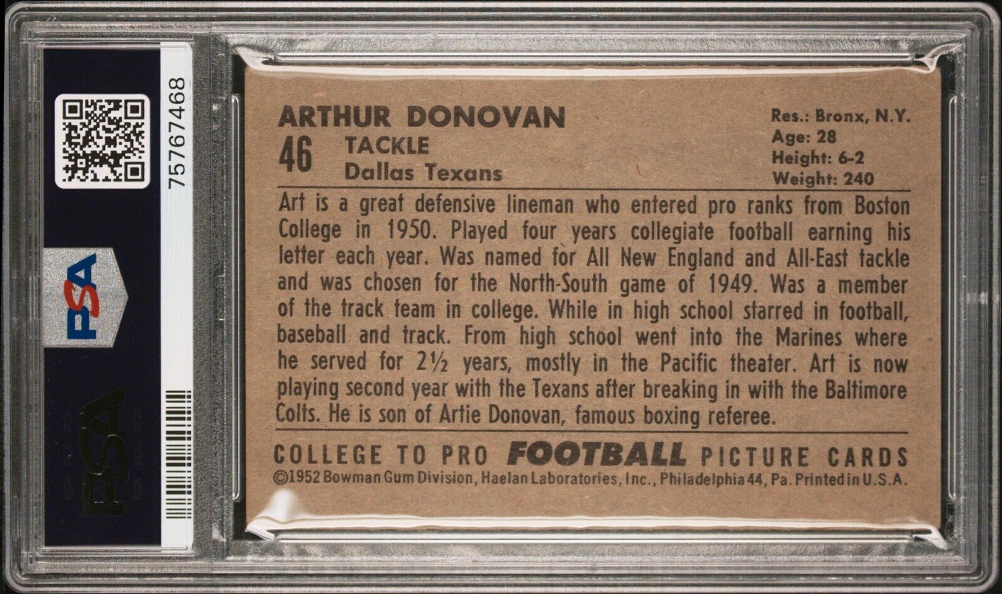 A Group of Nine 1952 Bowman Large Hall of Fame PSA Graded Football Cards,
