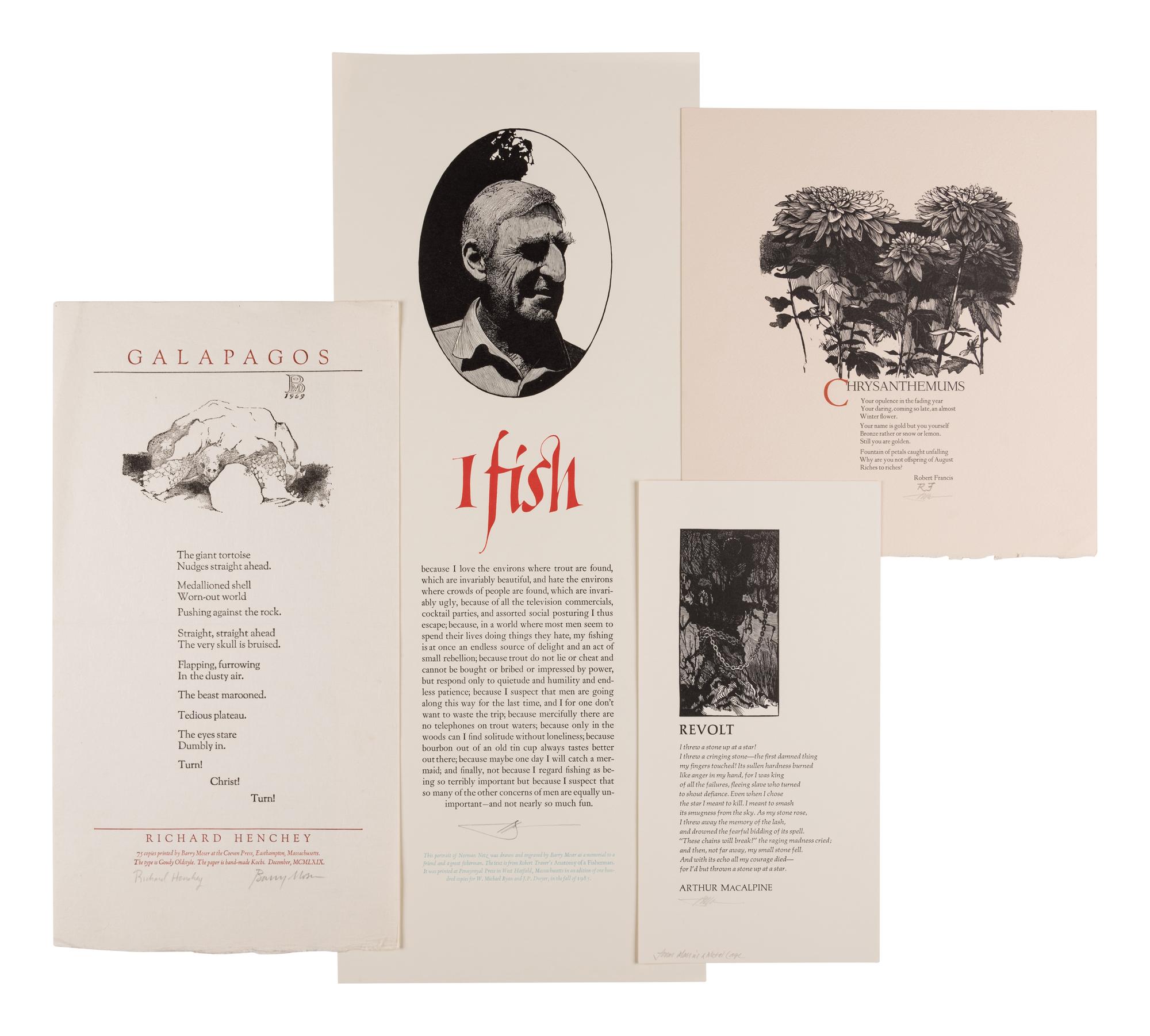 [POETRY BROADSIDES]. A group of 11 poetry broadsides illustrated and/or printed by Moser at the Castalia or Pennyroyal Press, 1969-1985. Various sizes.