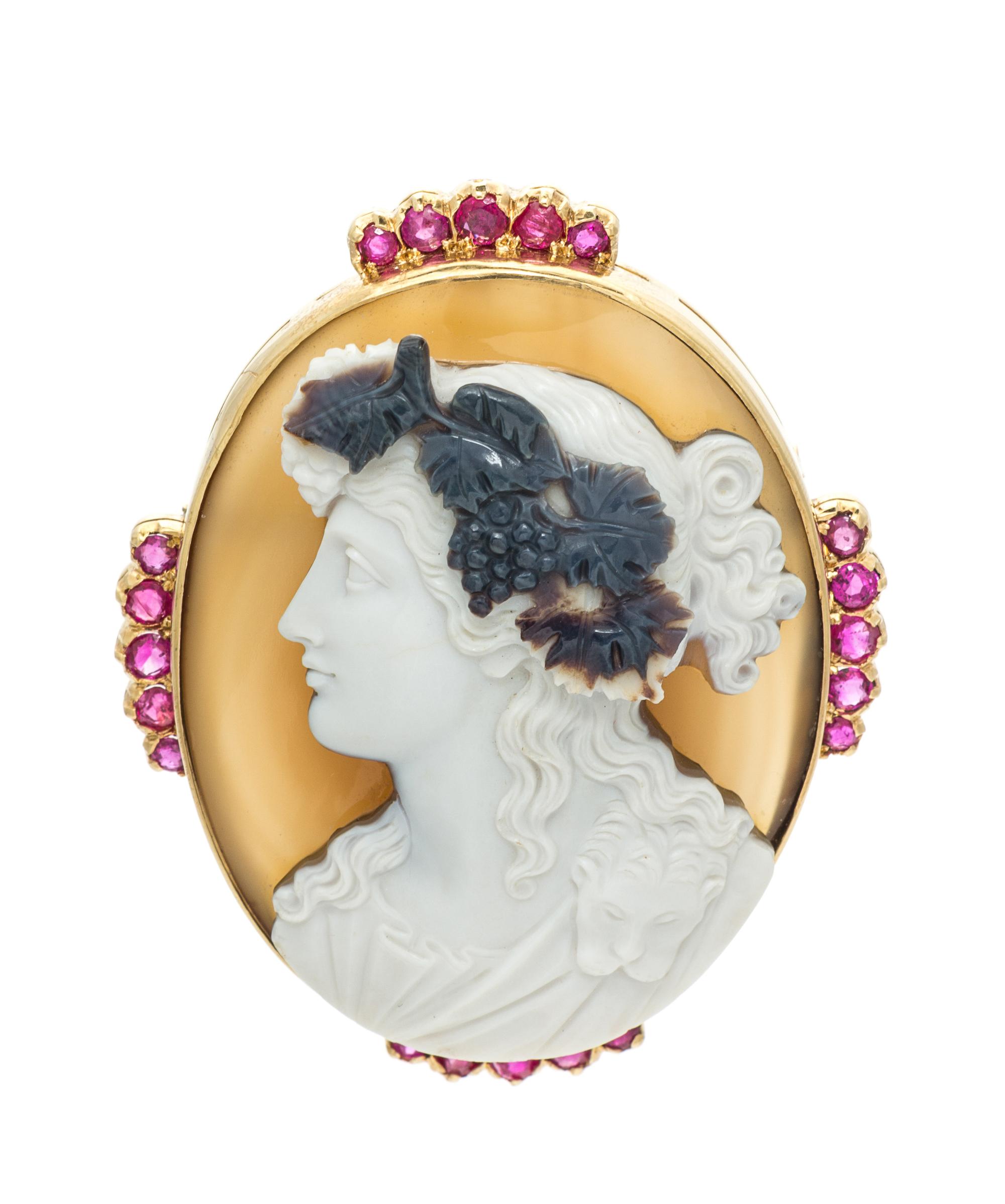 An 18 Karat Yellow Gold, Carved Agate Cameo and Ruby Pendant/Brooch, 35.90 dwts.