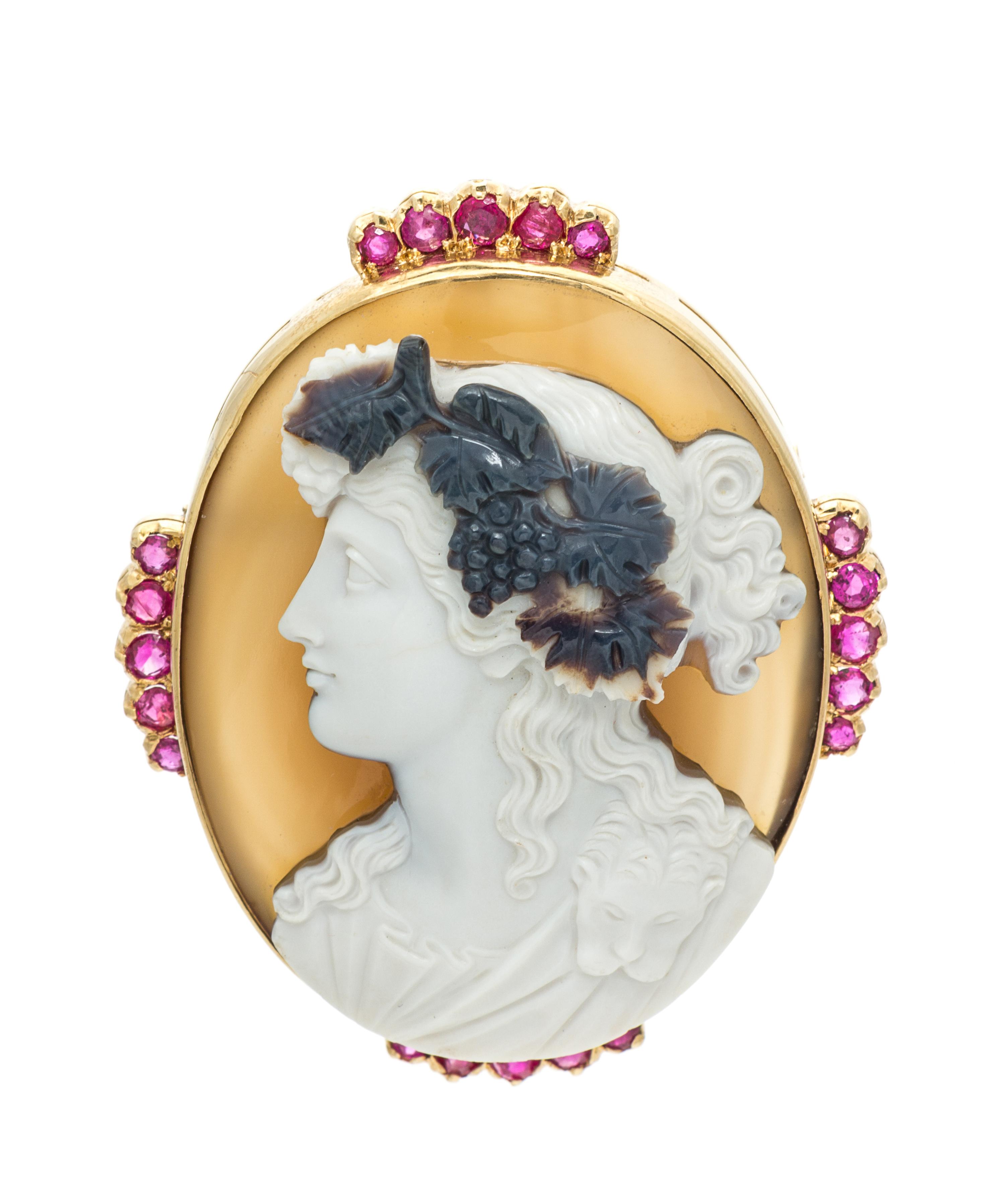 An 18 Karat Yellow Gold, Carved Agate Cameo and Ruby Pendant/Brooch, 35.90 dwts.