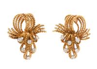 A Pair of 18 Karat Yellow Gold and Diamond Articulated Earclips, Circa 1960, 9.60 dwts.