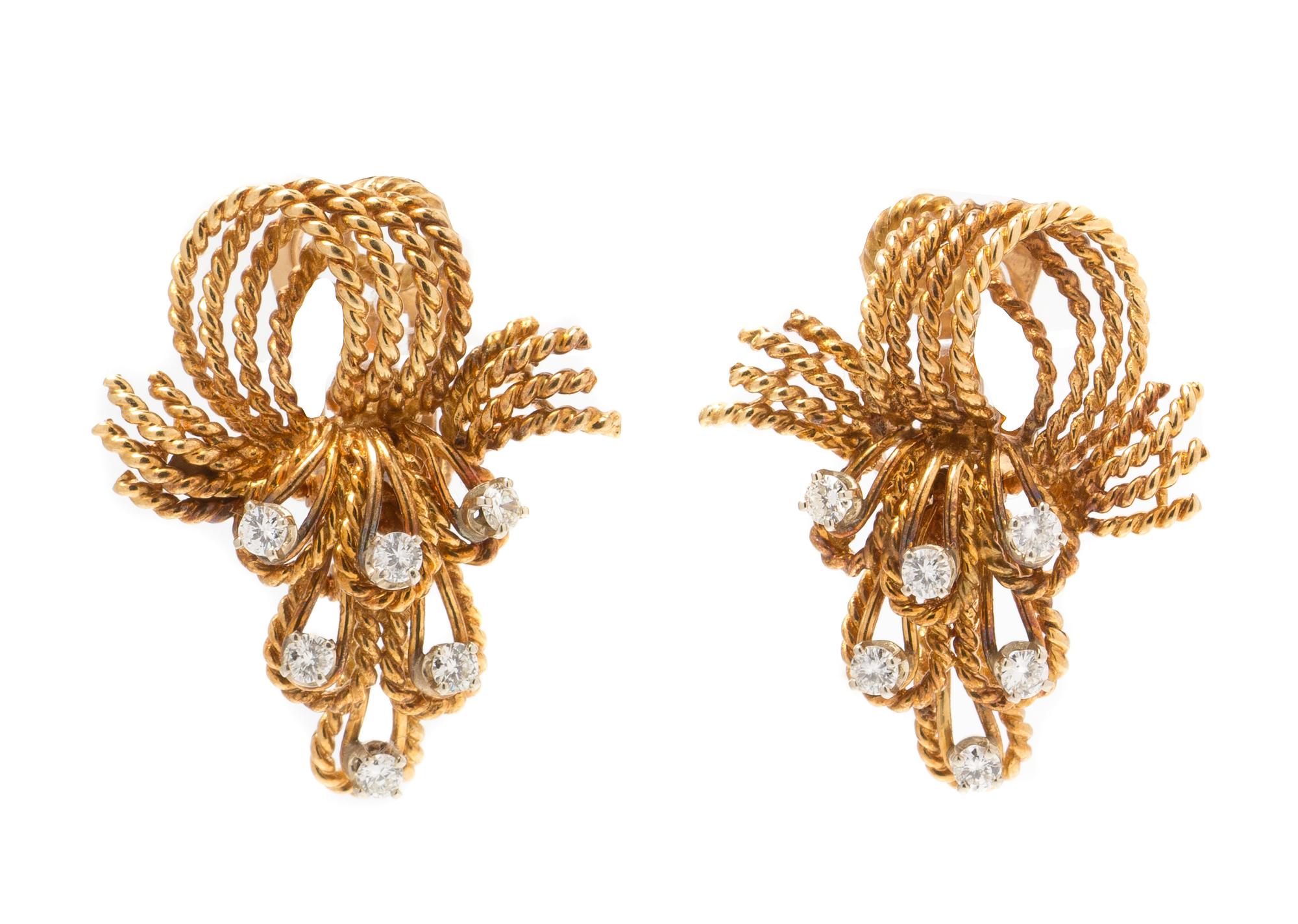 A Pair of 18 Karat Yellow Gold and Diamond Articulated Earclips, Circa 1960, 9.60 dwts.