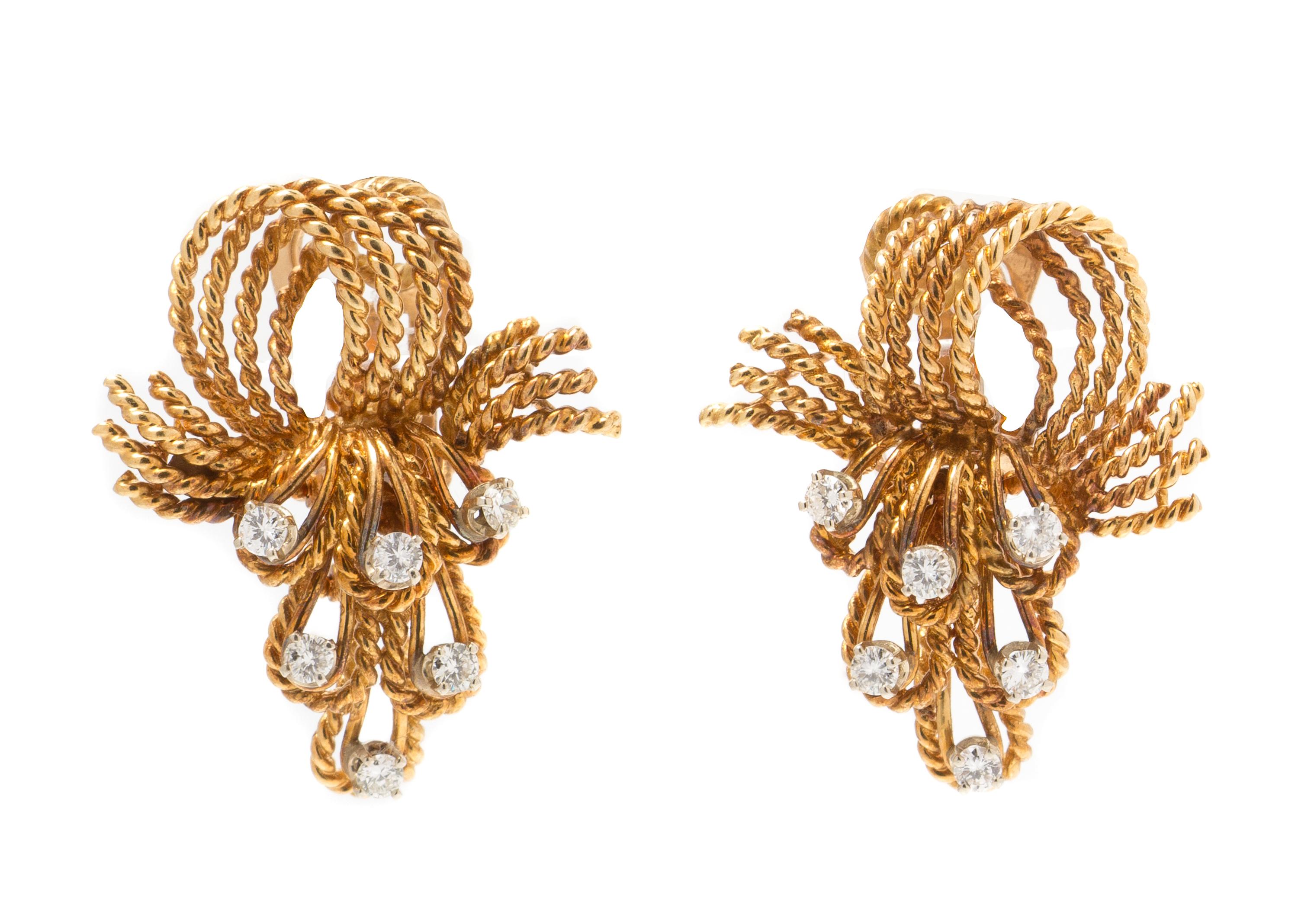 A Pair of 18 Karat Yellow Gold and Diamond Articulated Earclips, Circa 1960, 9.60 dwts.