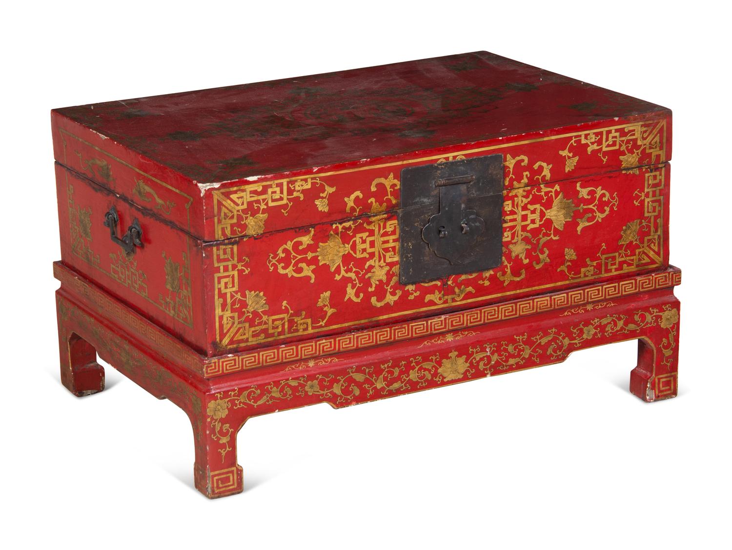 A Chinese Export Red Lacquer Chest on Stand