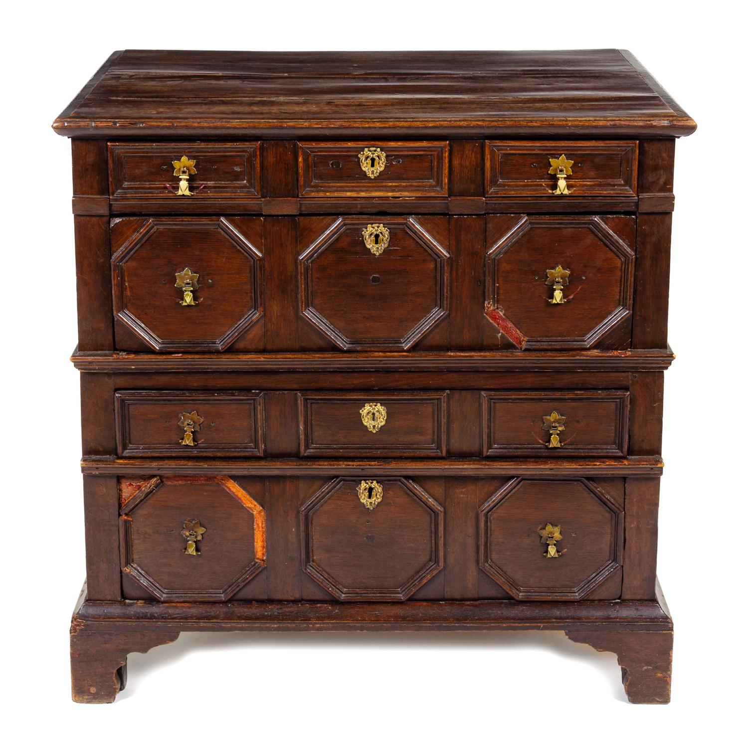 A Charles II Oak Chest of Drawers Height 38 1/4 x width 38 x depth 23 inches. — LATE 17TH/EARLY 18TH CENTURY