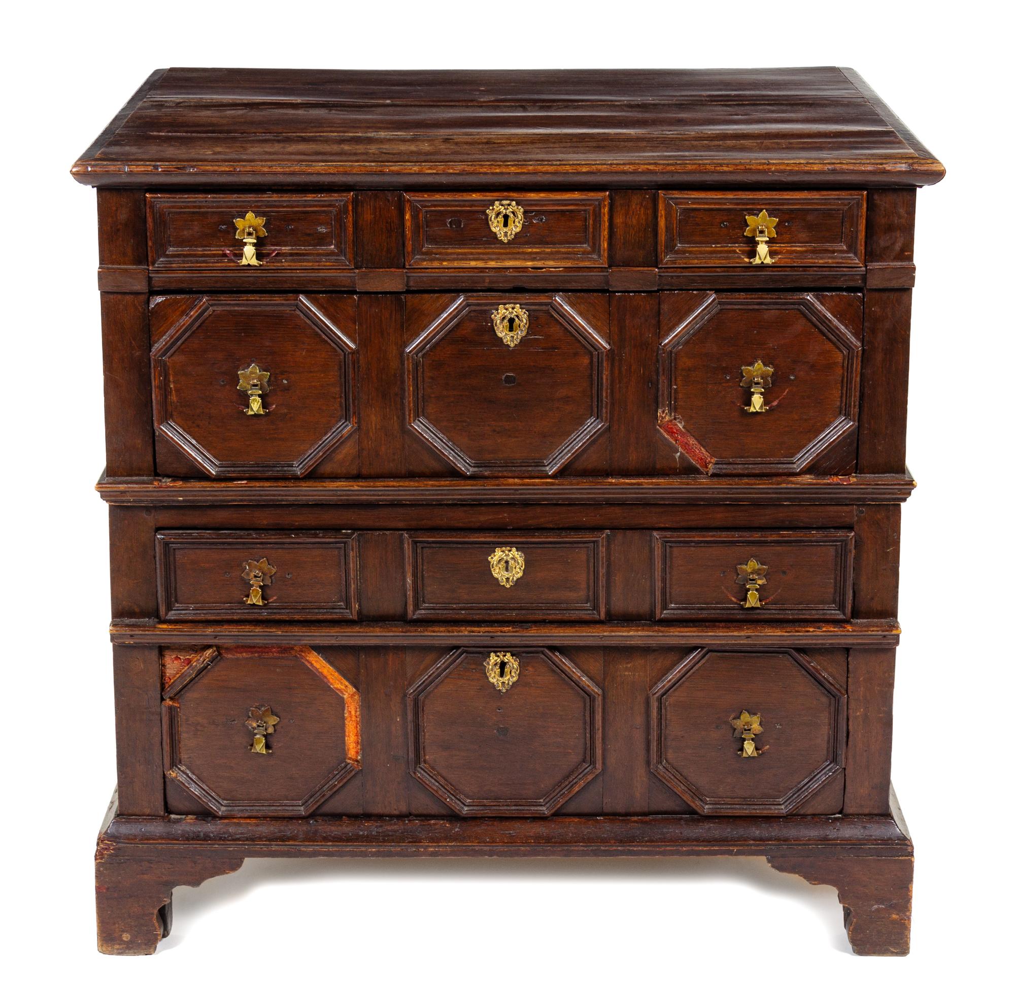 A Charles II Oak Chest of Drawers Height 38 1/4 x width 38 x depth 23 inches. — LATE 17TH/EARLY 18TH CENTURY