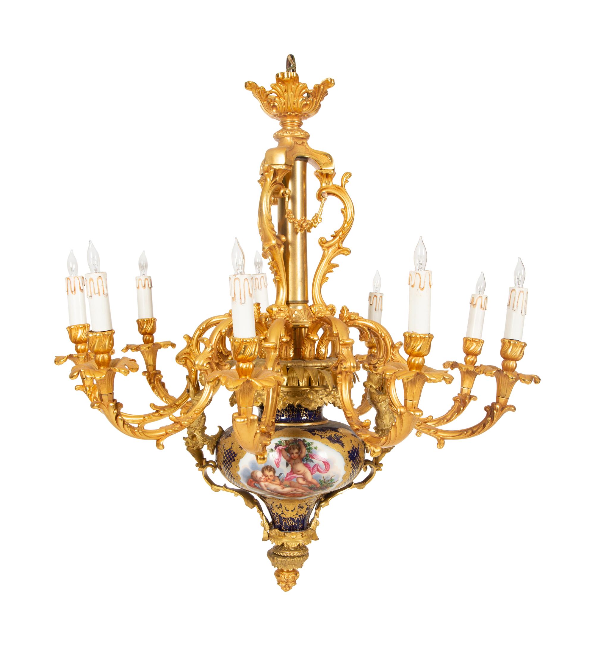 A Pair of Sèvres Style Porcelain and Gilt Bronze Nine-Light Chandeliers