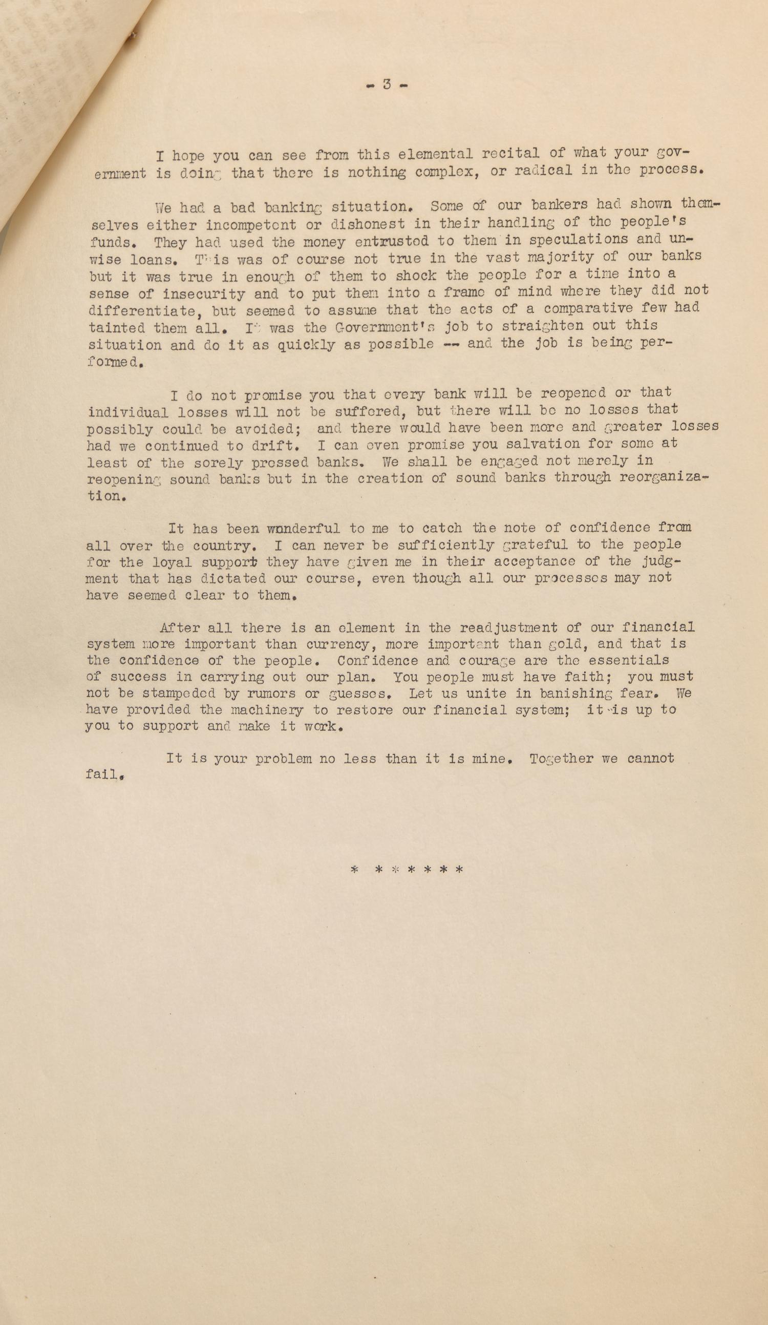 [Roosevelt, Franklin D.] Mimeographed Typescript Press Copy of the First Fireside Chat