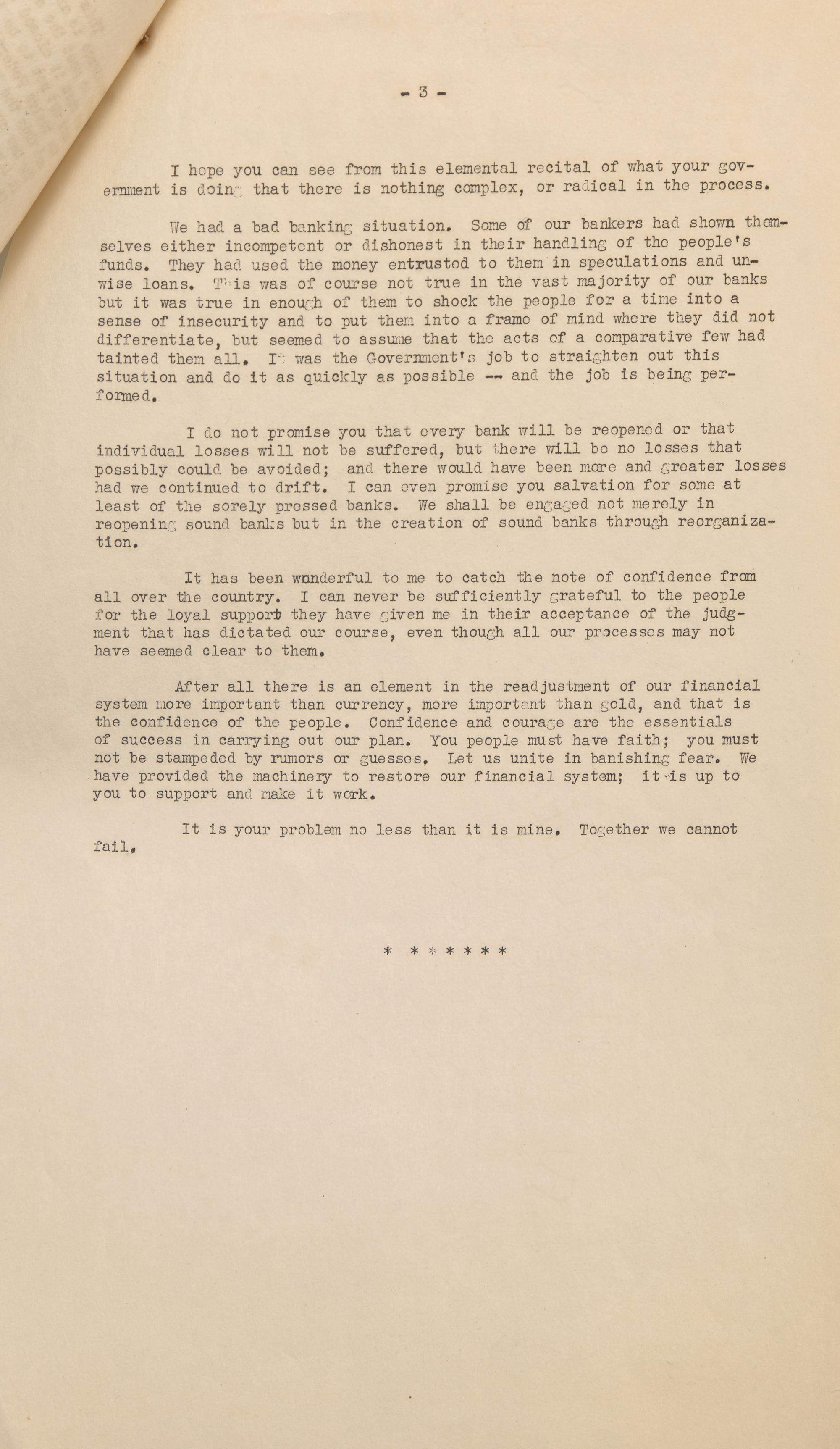 [Roosevelt, Franklin D.] Mimeographed Typescript Press Copy of the First Fireside Chat