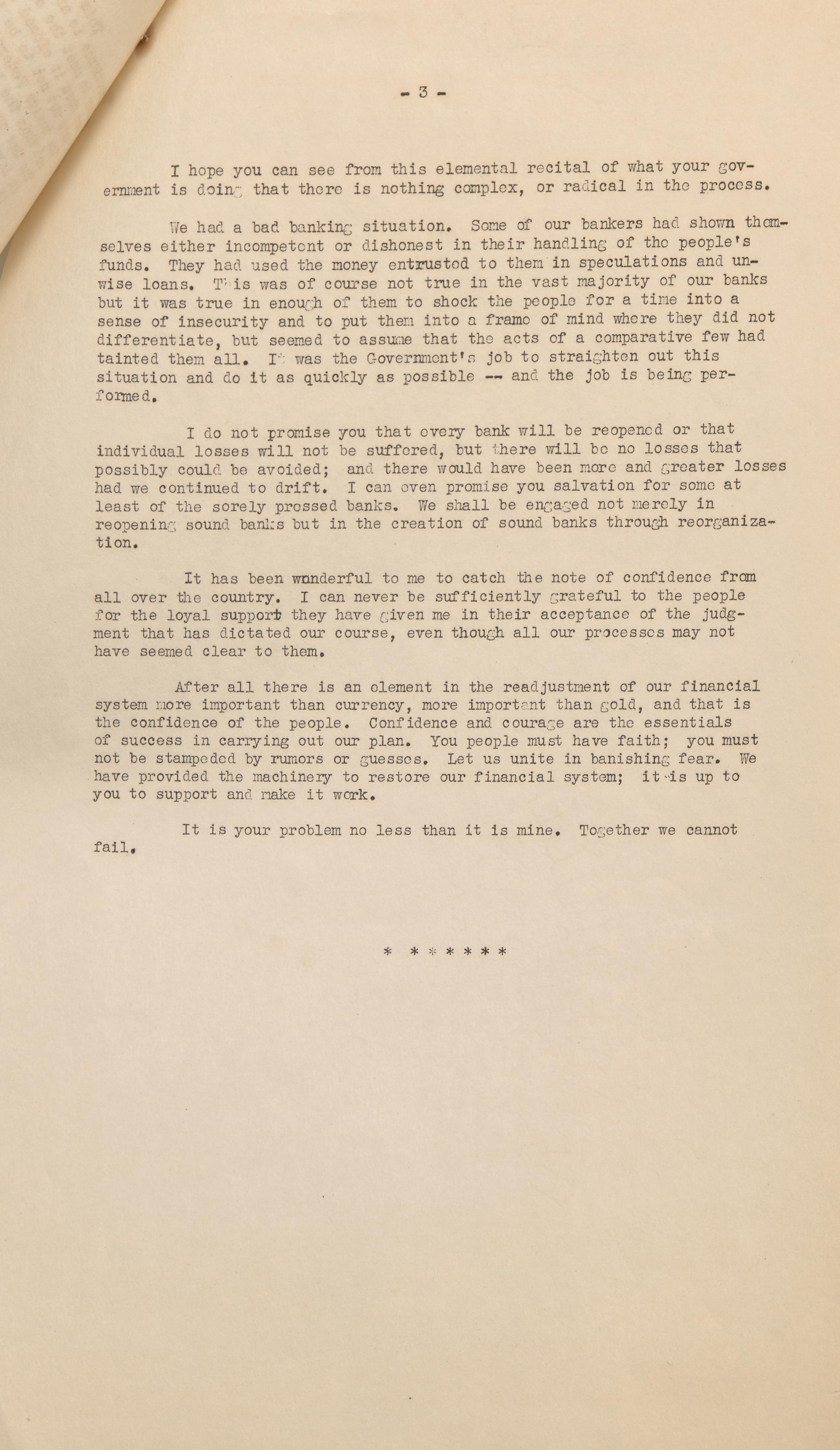 [Roosevelt, Franklin D.] Mimeographed Typescript Press Copy of the First Fireside Chat