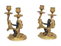 A Pair of Louis XV Style Gilt and Painted Bronze Two-Light Candelabra