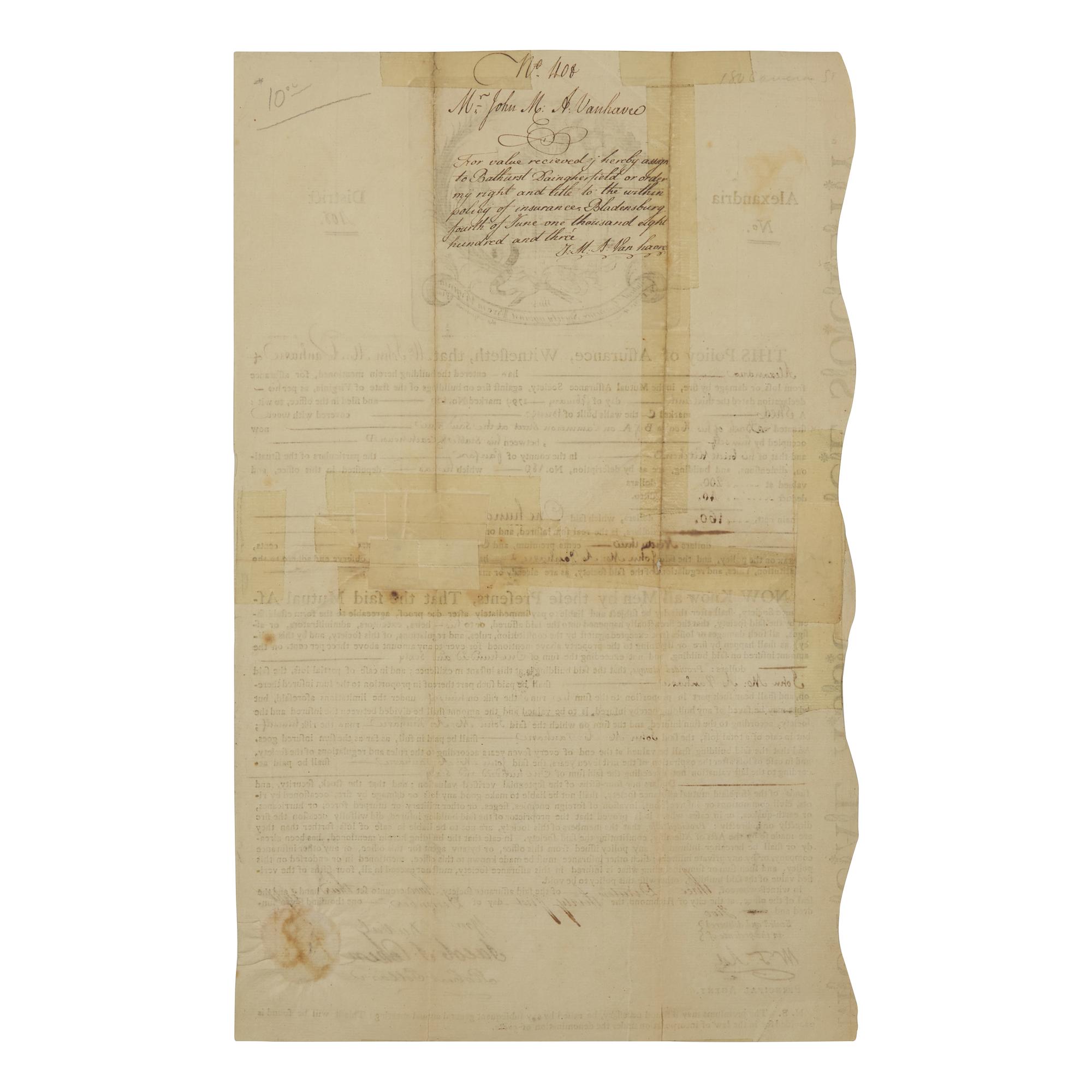[Americana] Partially-printed Mutual Assurance Society Against Fire policy document