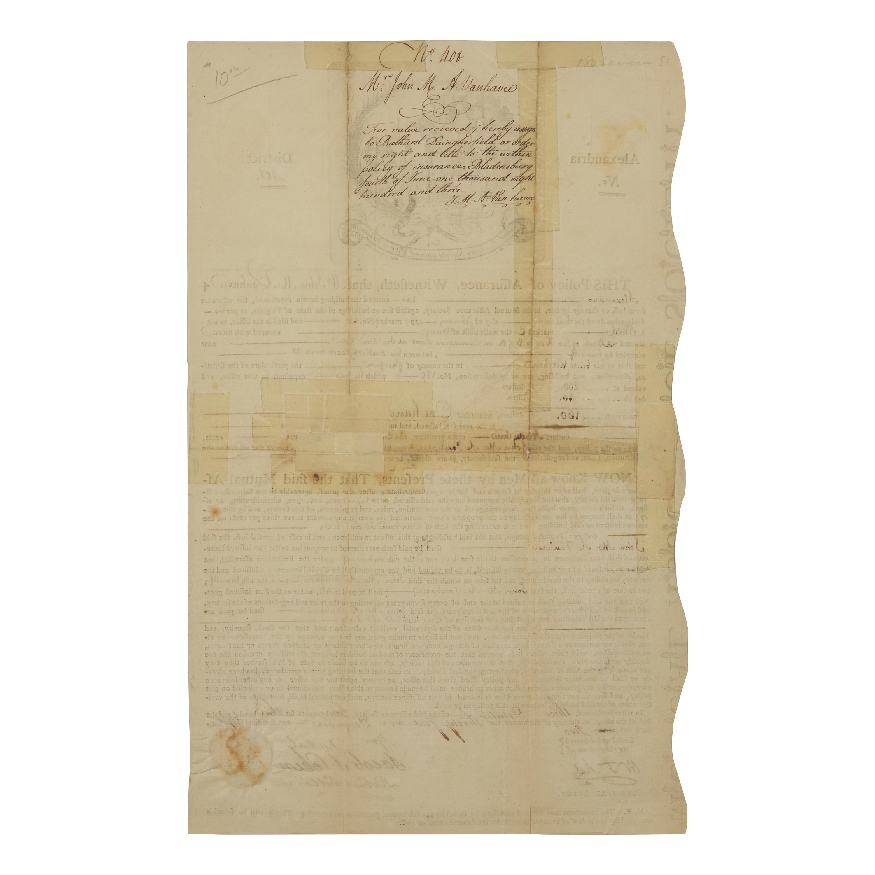 [Americana] Partially-printed Mutual Assurance Society Against Fire policy document