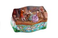 An Austrian Enameled Silver Jewelry Box, , of serpentine outline, the hinged top enameled to show a gentleman and two ladies in an inte