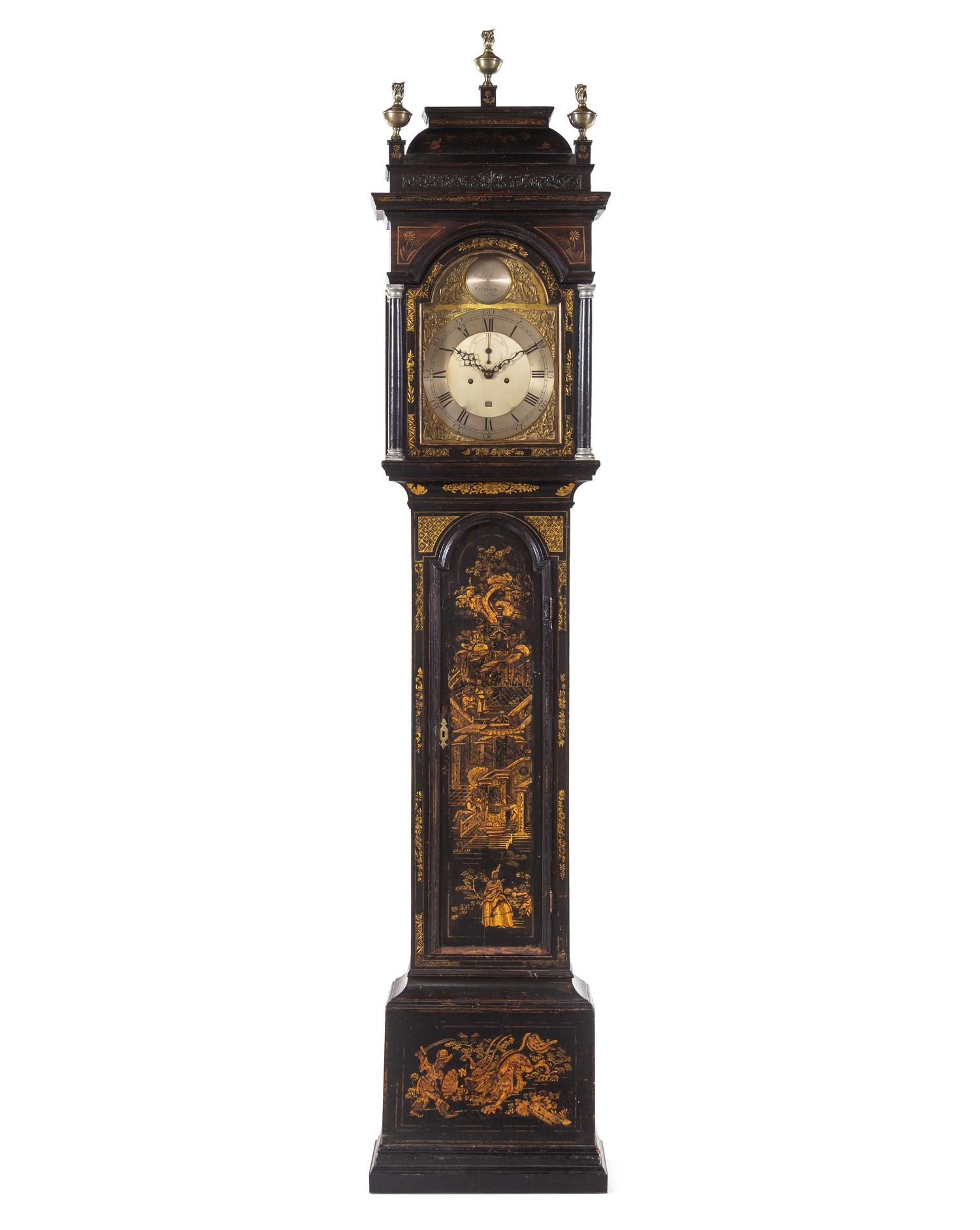 A George III Parcel Gilt and Black Lacquered Chinoiserie Decorated Tall Case Clock