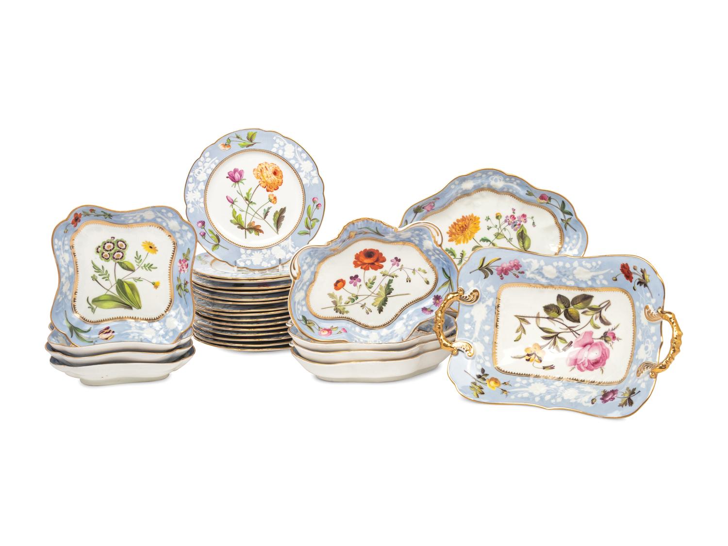 A Spode Pale Blue-Ground Botanical Porcelain Dessert Service