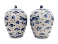 A Pair of Large Chinese Porcelain Blue and White Dragon Lidded Urns
