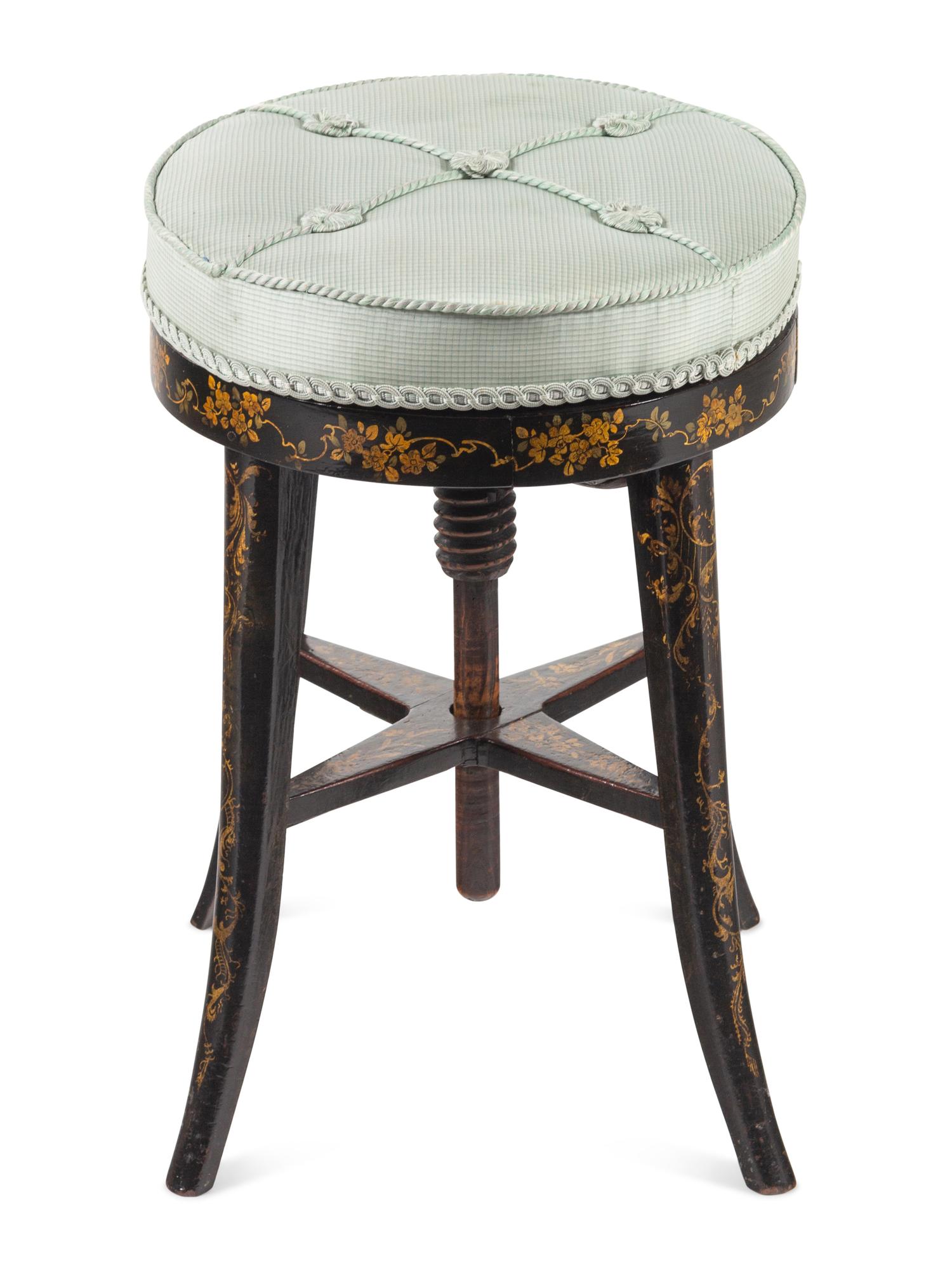 A Victorian Polychrome-Decorated Ebonized Piano Stool