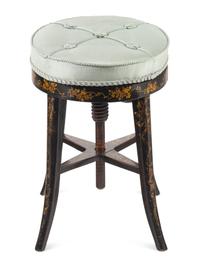 A Victorian Polychrome-Decorated Ebonized Piano Stool