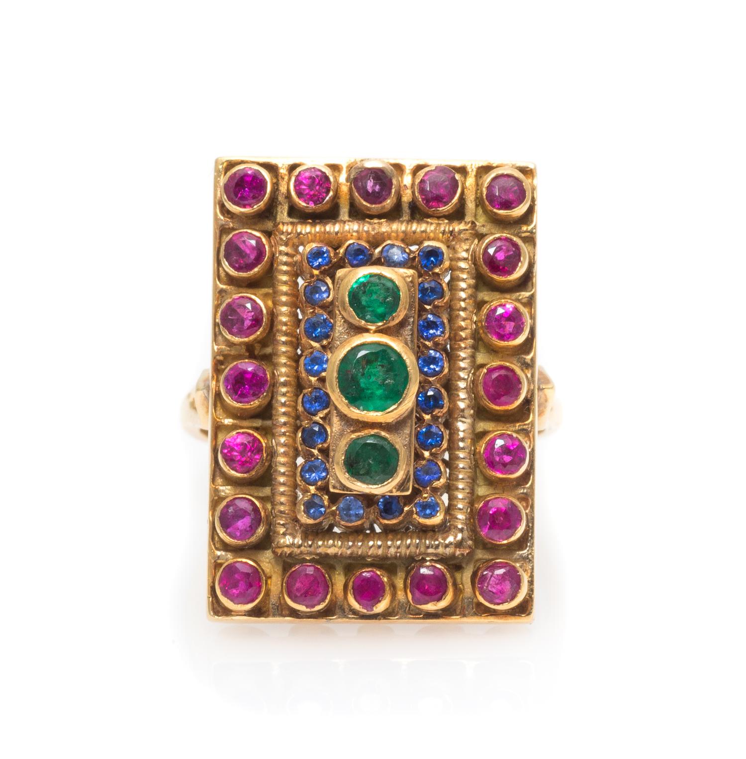 A Yellow Gold, Emerald, Ruby, and Sapphire Ring, 7.90 dwts.