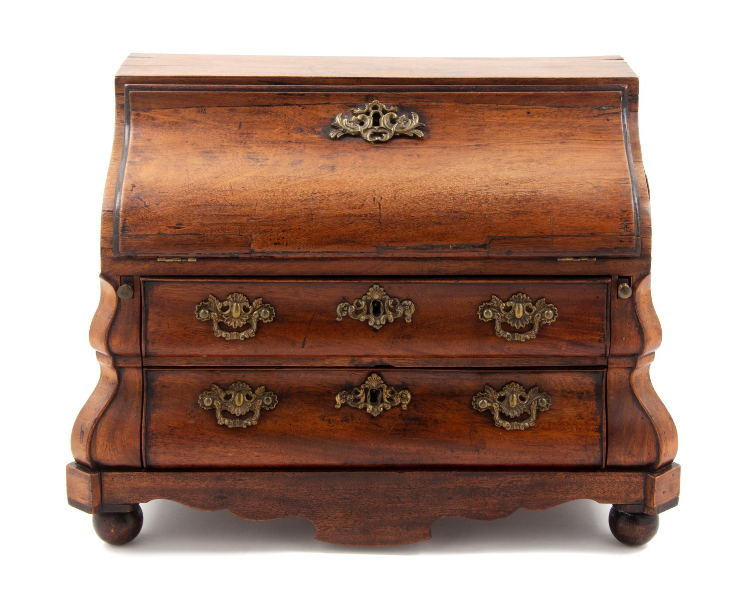 A Diminutive Dutch Oak and Mahogany Bureau Height 14 x width 19 x depth 9 1/2 inches. — 18TH/19TH CENTURY