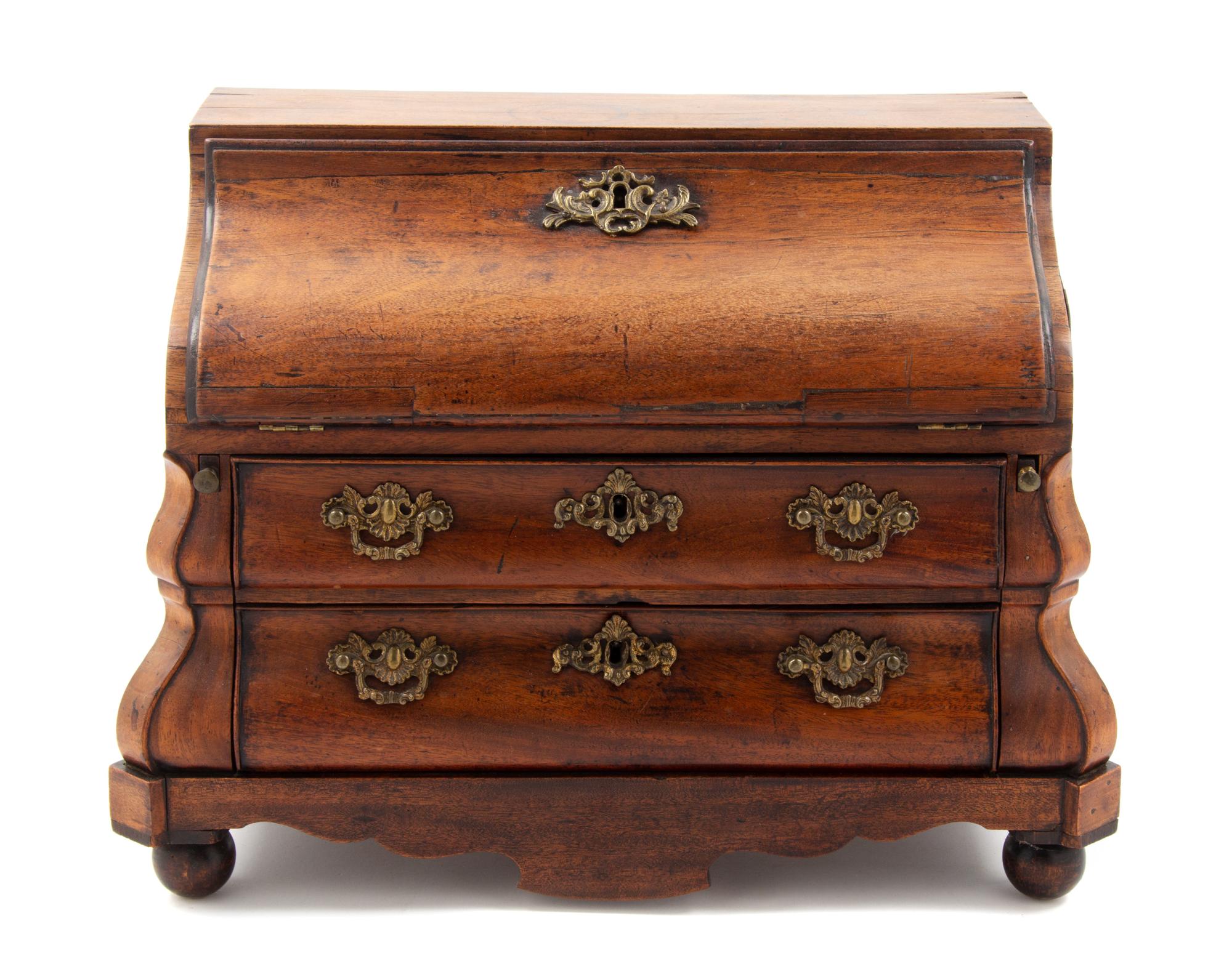 A Diminutive Dutch Oak and Mahogany Bureau Height 14 x width 19 x depth 9 1/2 inches. — 18TH/19TH CENTURY