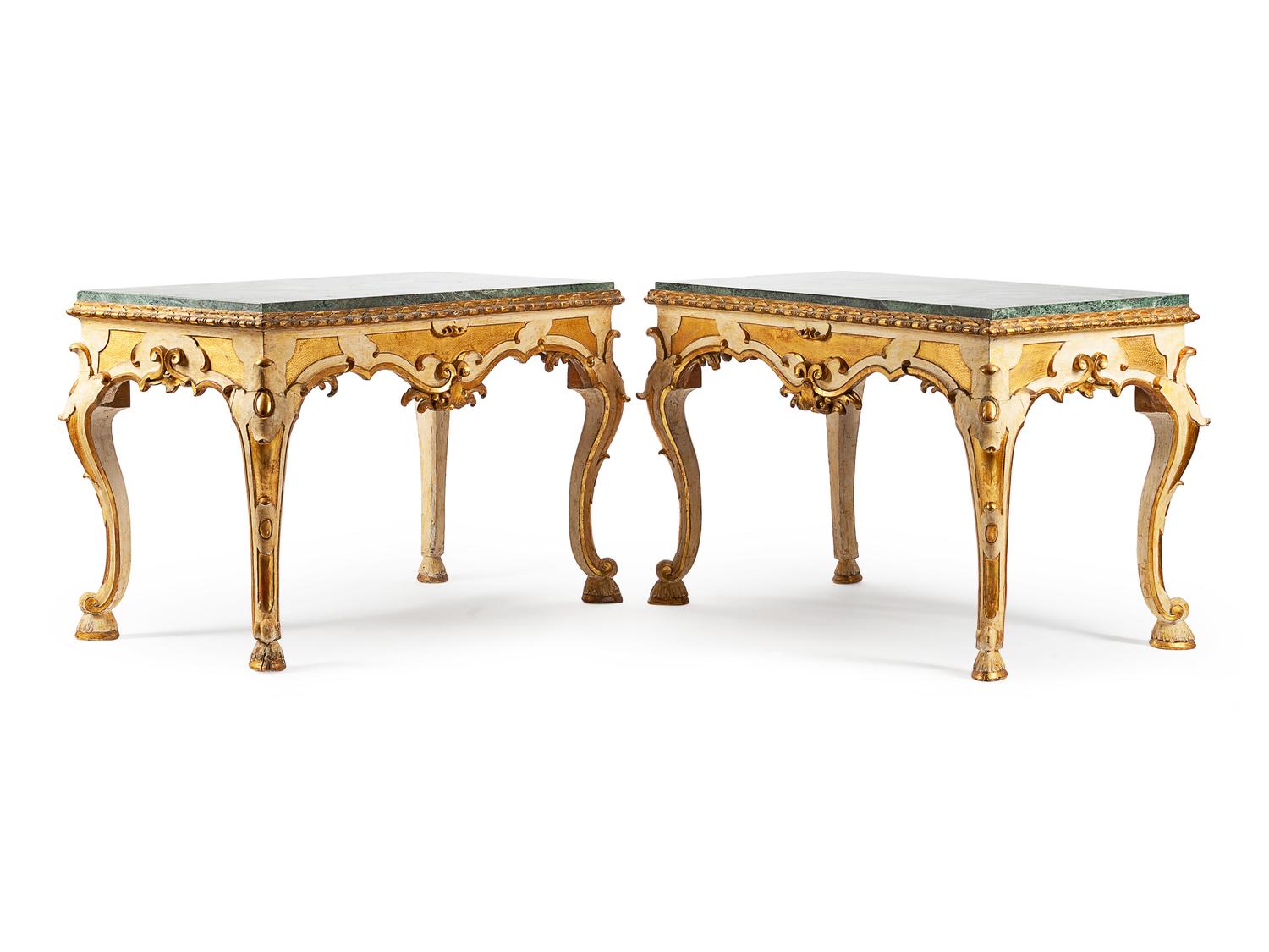 A Pair of Italian Rococo Parcel-Gilt and Painted Consoles
