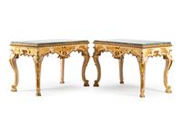 A Pair of Italian Rococo Parcel-Gilt and Painted Consoles