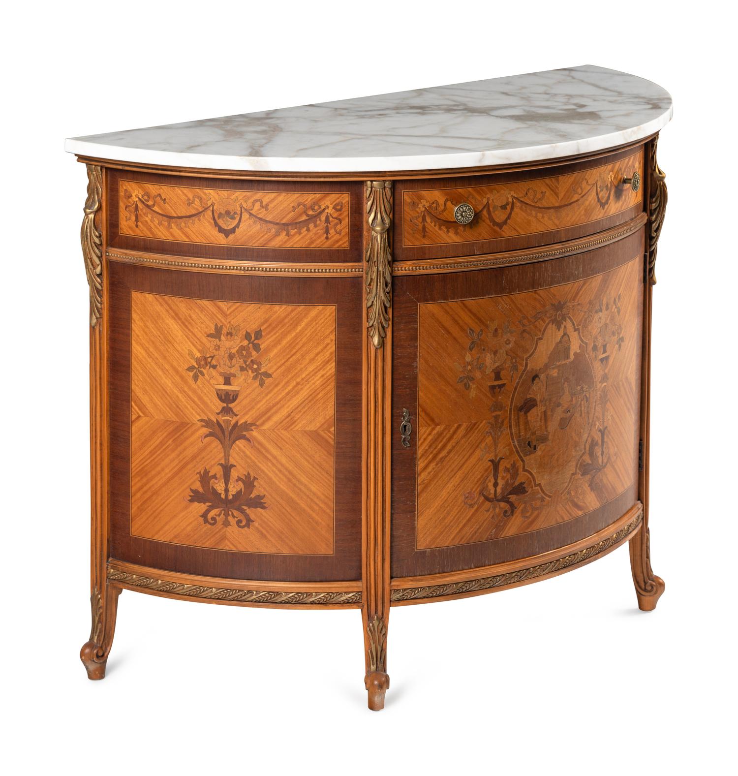 An Adam Style Satinwood and Marquetry Marble-Top Demilune Cabinet