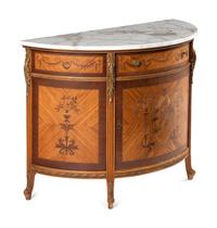 An Adam Style Satinwood and Marquetry Marble-Top Demilune Cabinet