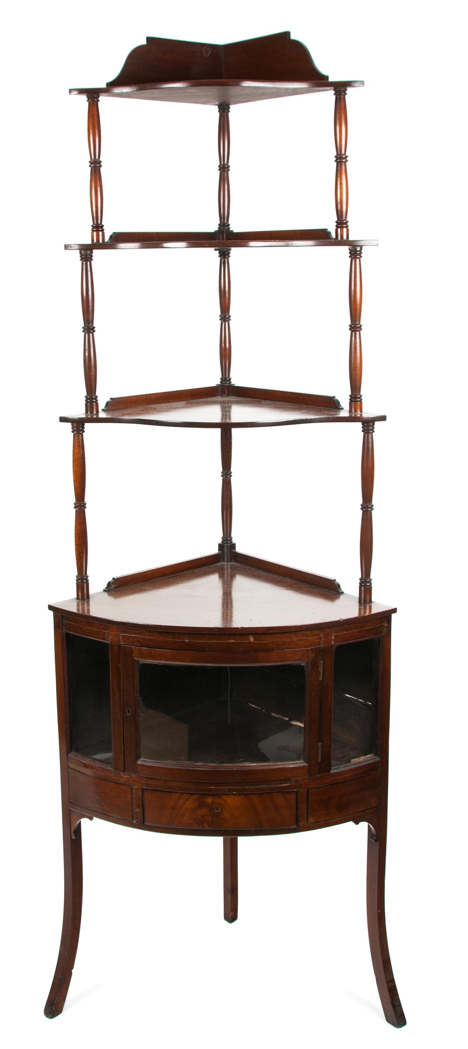 A Georgian Mahogany Corner Etagere Height 70 1/2 x width 24 x depth 16 1/2 inches. — 19TH CENTURY