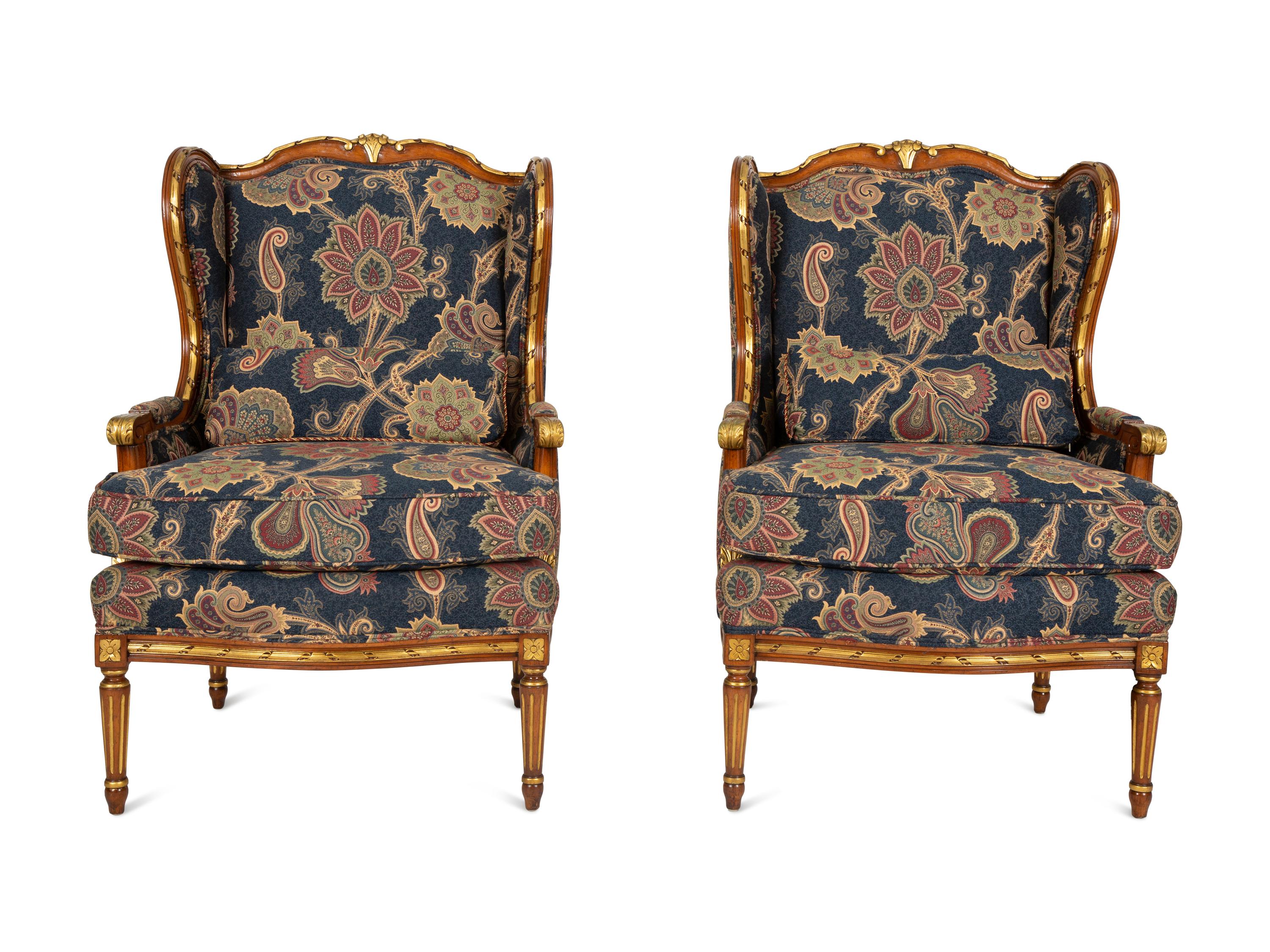 A Pair of Louis XVI Style Parcel Gilt Fruitwood Bergères