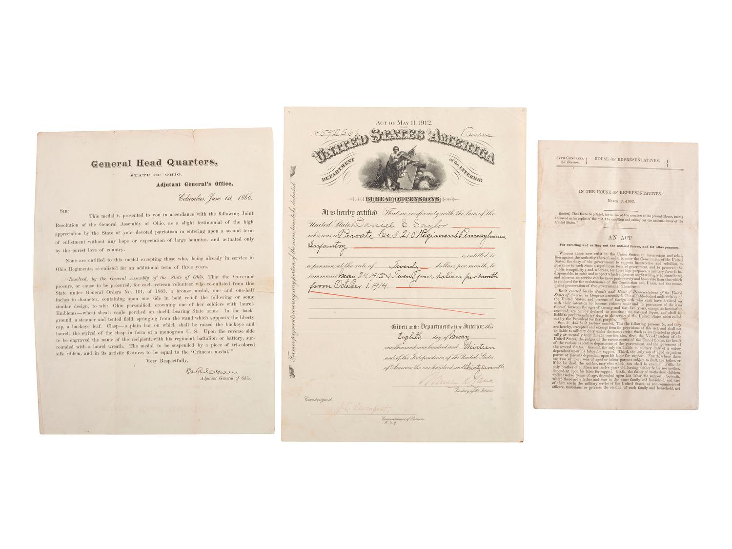 [CIVIL WAR]. A group of documents including muster rolls, discharge papers, and documents from headquarters, highlighted by a muster roll of Company A, 3rd Louisiana Cavalry.