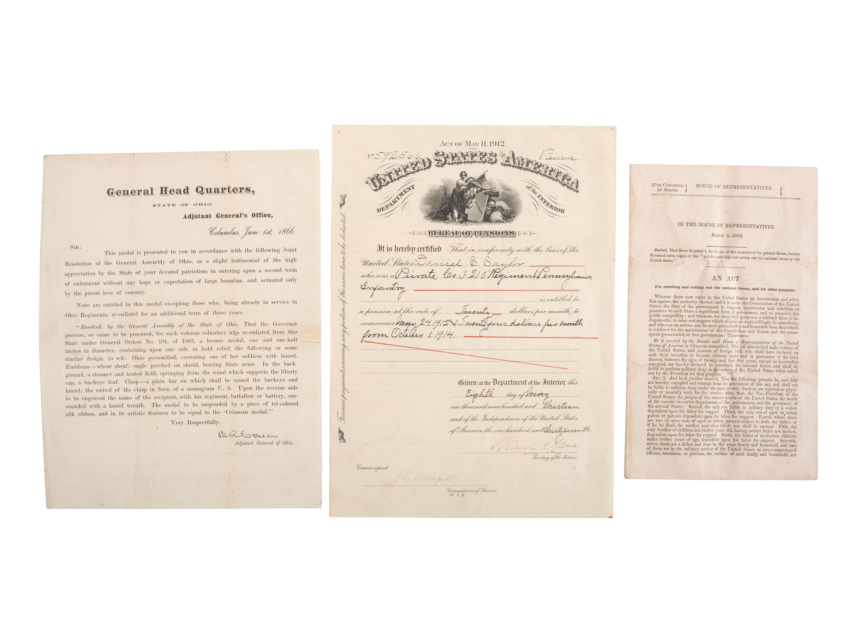 [CIVIL WAR]. A group of documents including muster rolls, discharge papers, and documents from headquarters, highlighted by a muster roll of Company A, 3rd Louisiana Cavalry.