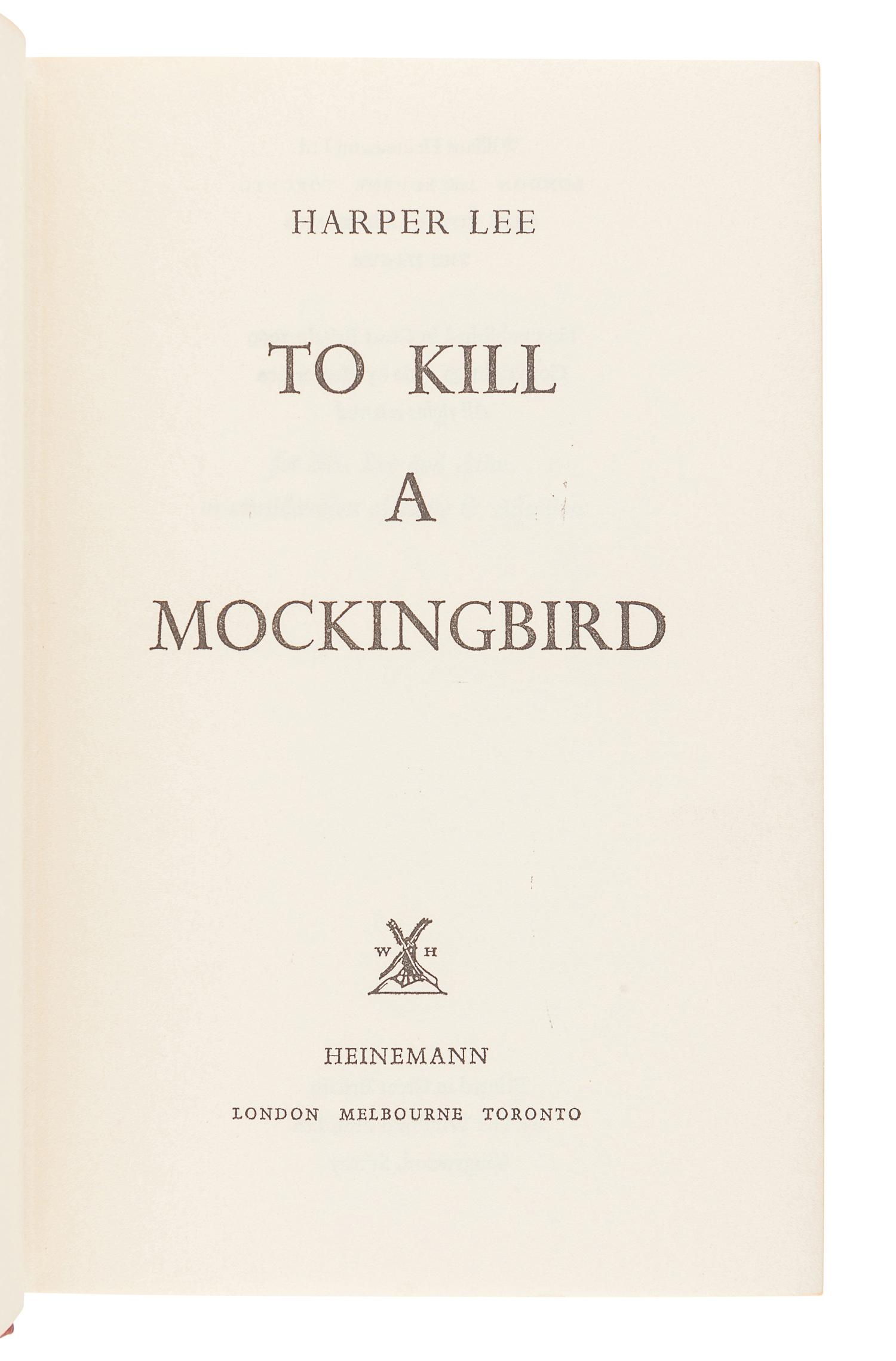 LEE, Harper (1926-2016). To Kill A Mockingbird. London: Heinemann, 1960.